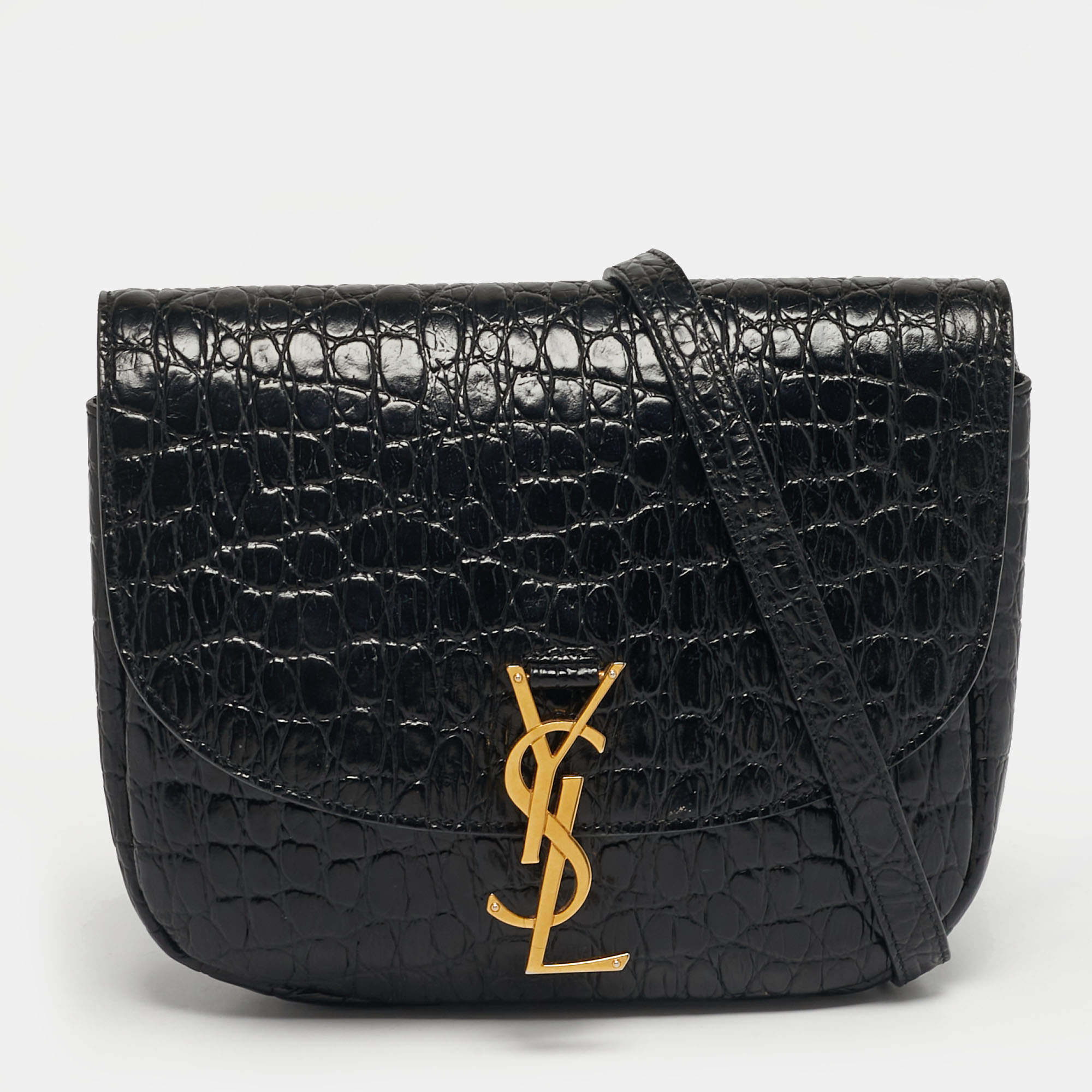 Pre Owned Saint Laurent Kaia Black Croc Embossed Leather Flap Shoulder Bag