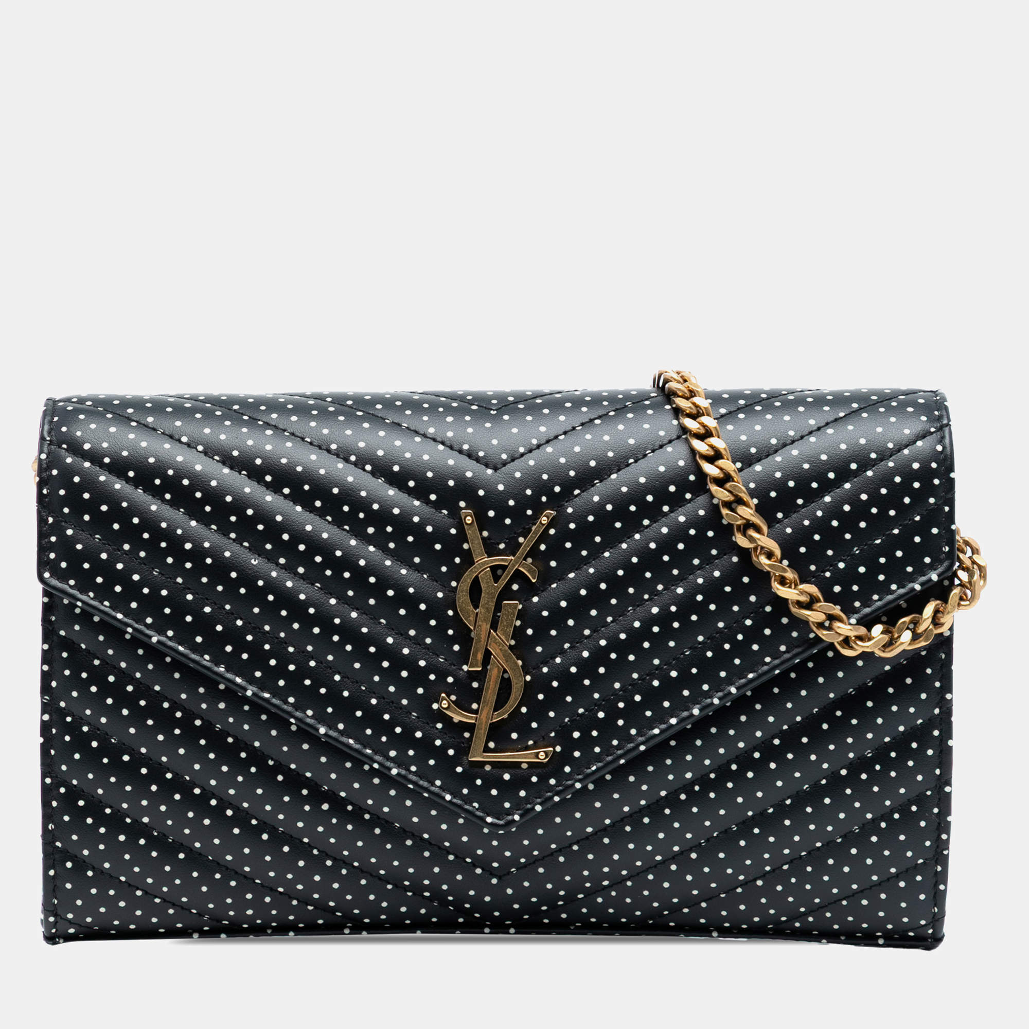 مملوكة مسبقًا Saint Laurent Paris Black White Quilted Chevron Calfskin Polka Dot Monogram Envelope Chain Wallet