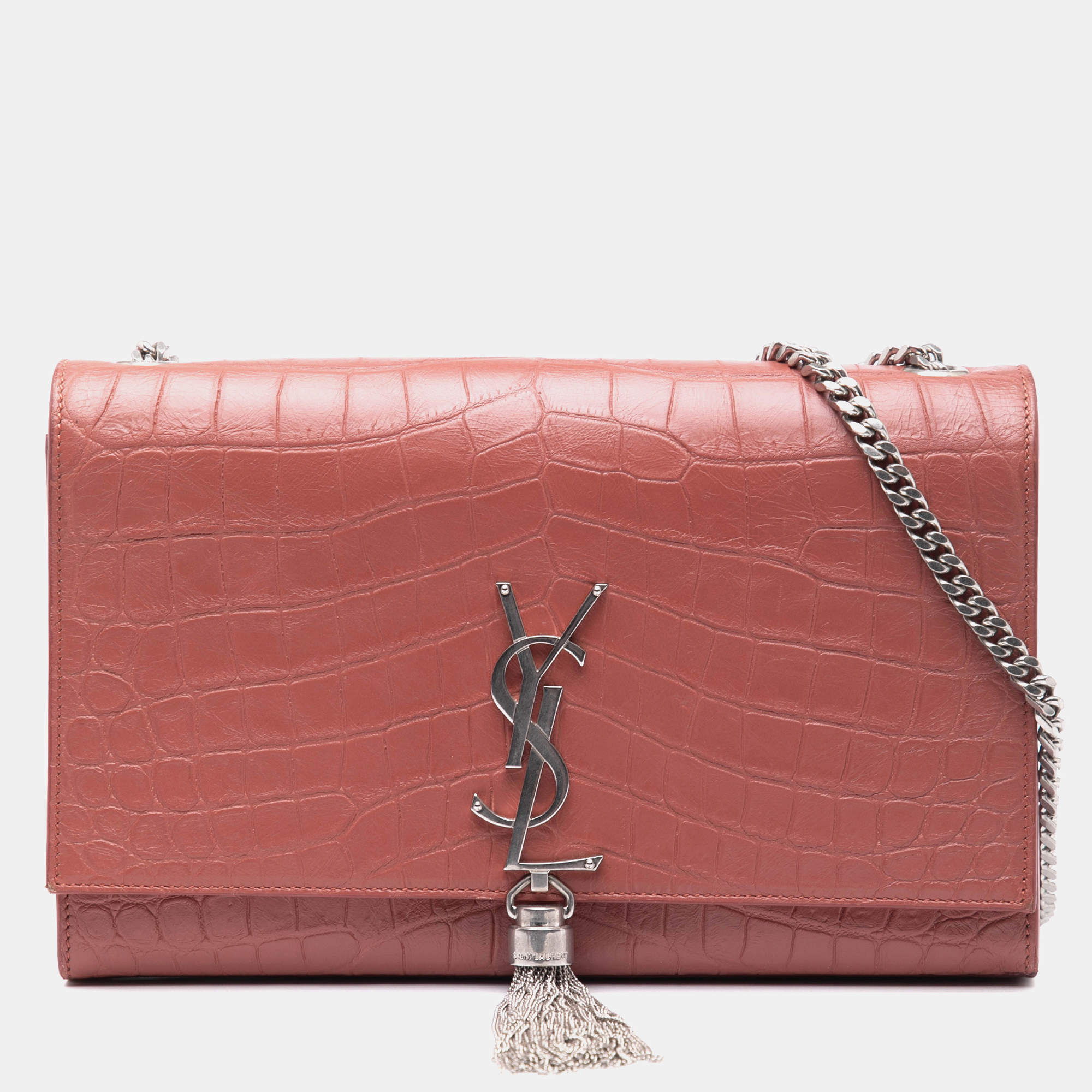 Pre Owned Saint Laurent Paris Pink Medium Croc Embossed Leather Kate Tassel Crossbody