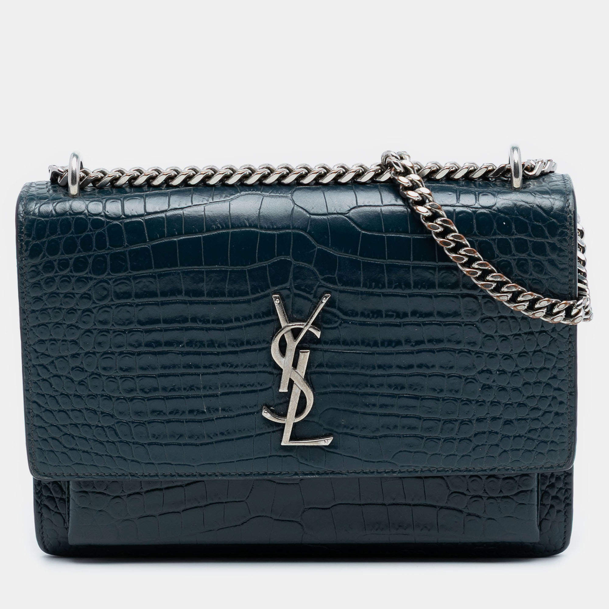 Pre Owned حقيبة كروس سان لوران باريس بلو متوسط جلد عجل منقوش كروك صن ست فلاب