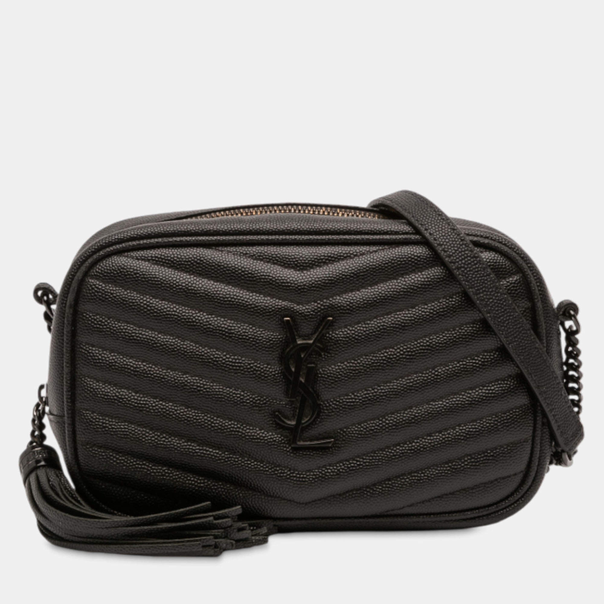 مملوكة مسبقًا Saint Laurent Paris Black Mini Grain de Poudre Monogram Monochrome Lou Camera Bag