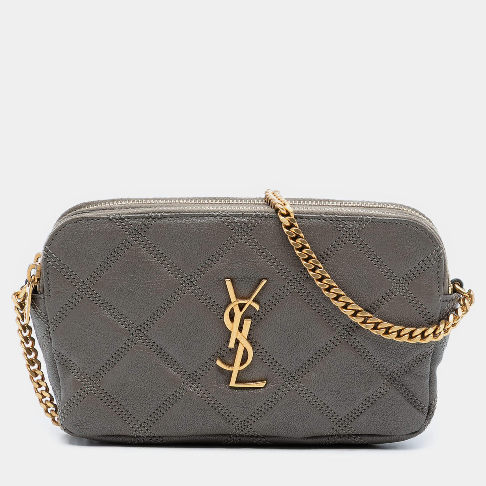 Pre Owned Saint Laurent Paris Mini Quilted Lambskin Becky Double Zip Crossbody