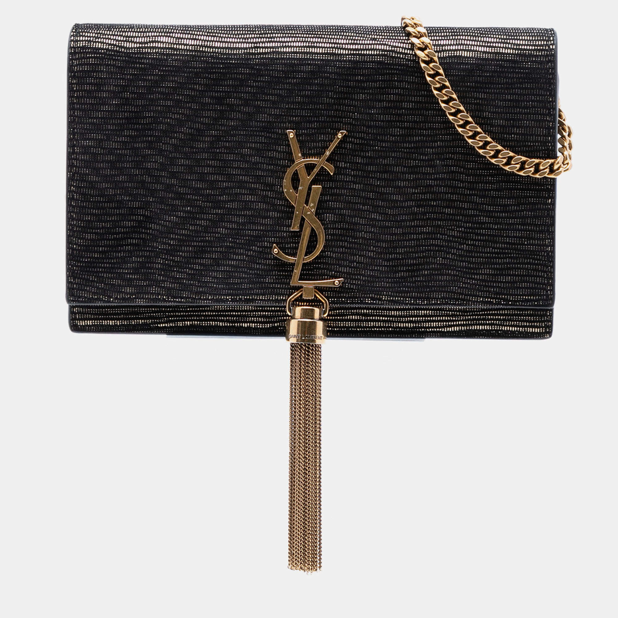 Pre Owned Saint Laurent Paris Black Gold Suede Monogram Kate Tassel Wallet on Chain