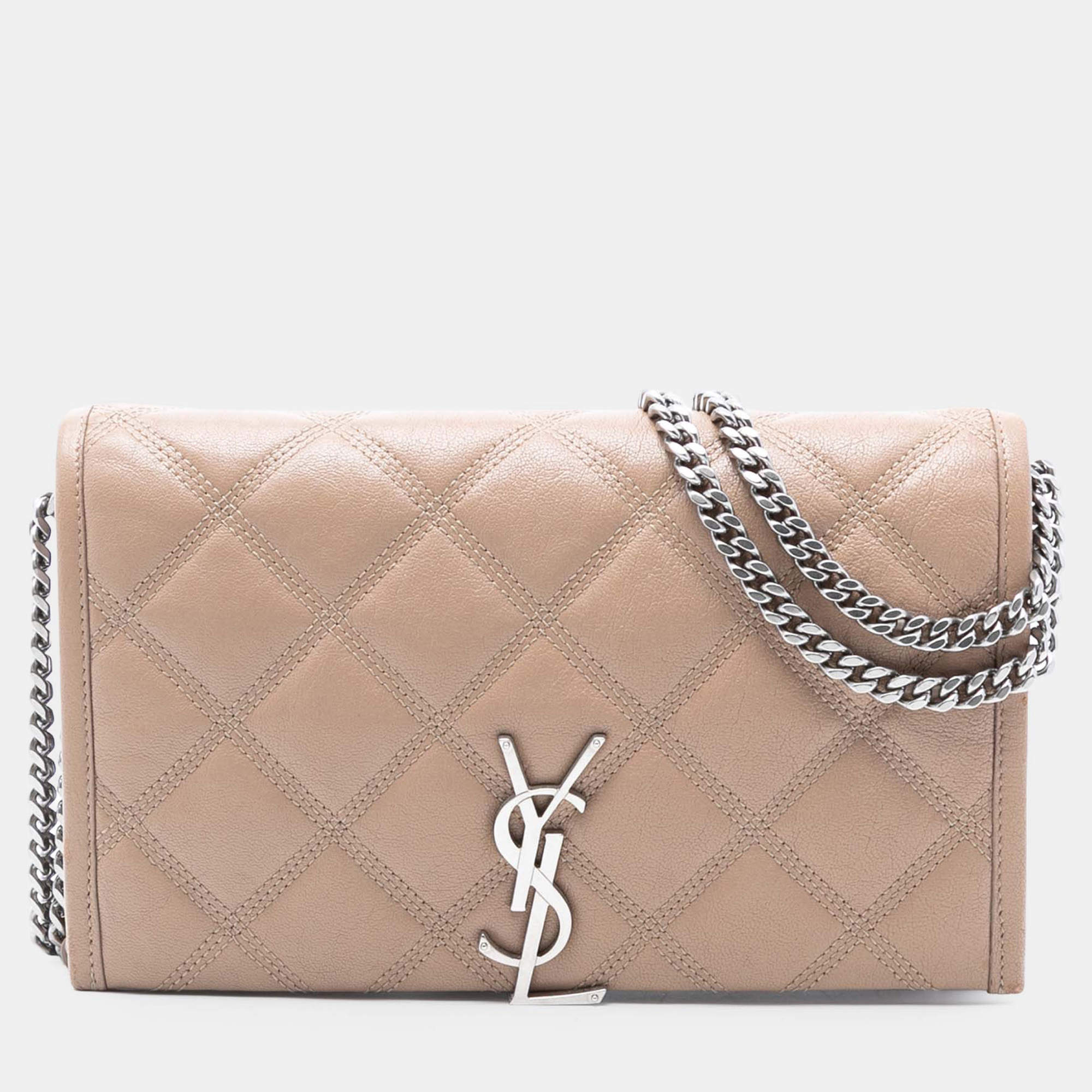 Pre Owned Saint Laurent Paris Brown Quilted Lambskin Becky Wallet on Chain