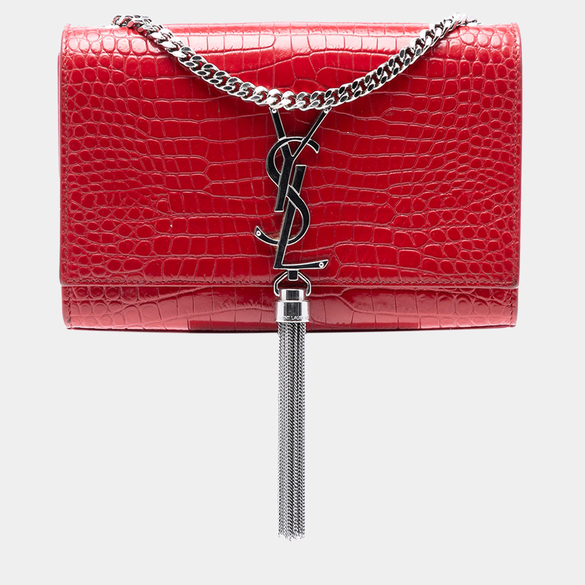 Pre Owned Saint Laurent Paris Red Small Embossed Leather Kate Tassel Crossbody