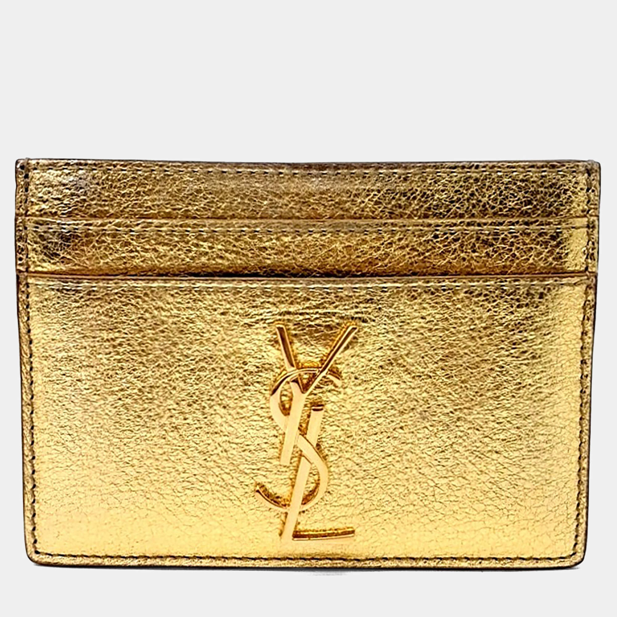 Pre Owned Saint Laurent Paris Gold Leather Card Wallet