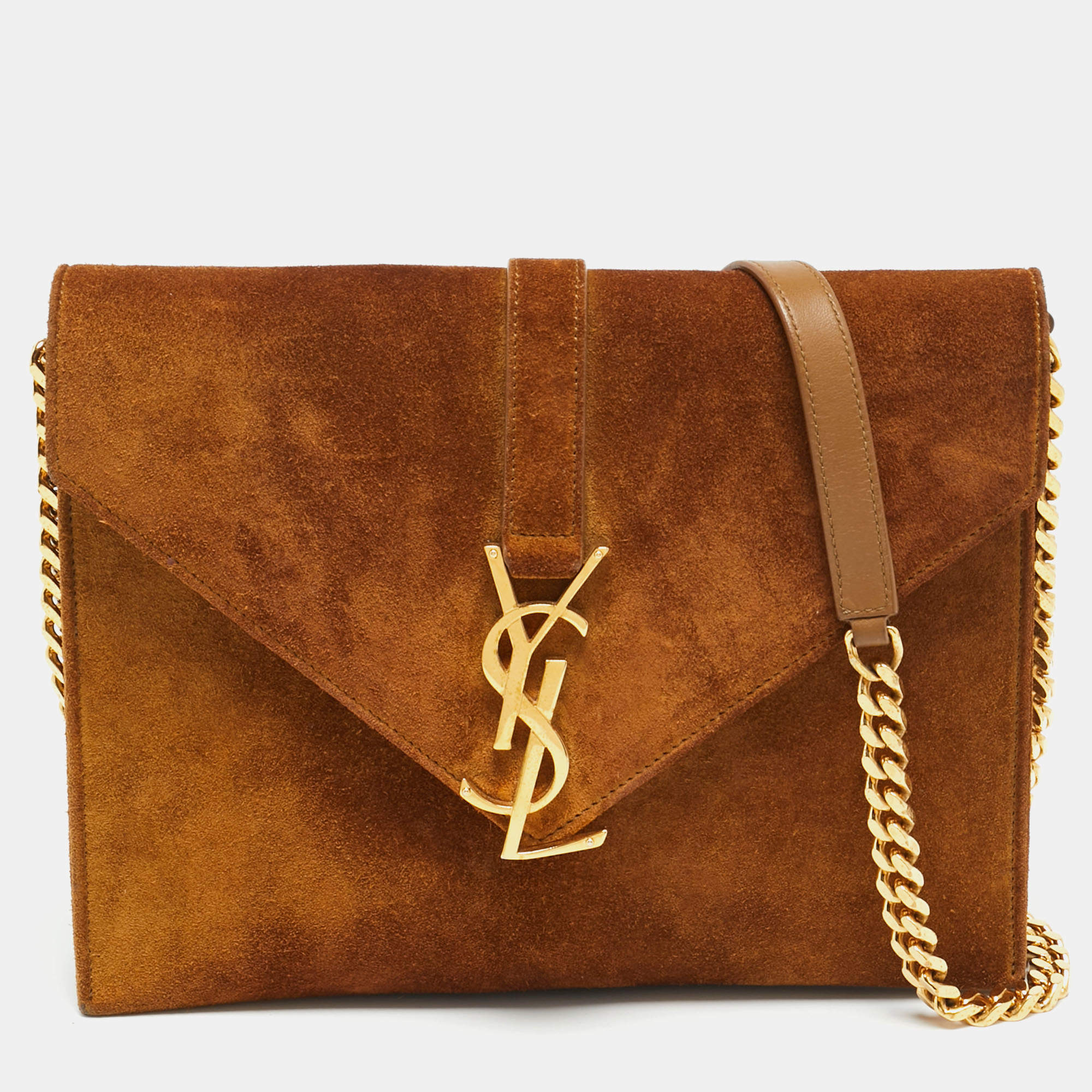 مملوكة مسبقًا Saint Laurent Cassandre Brown Suede Chain Shoulder Bag