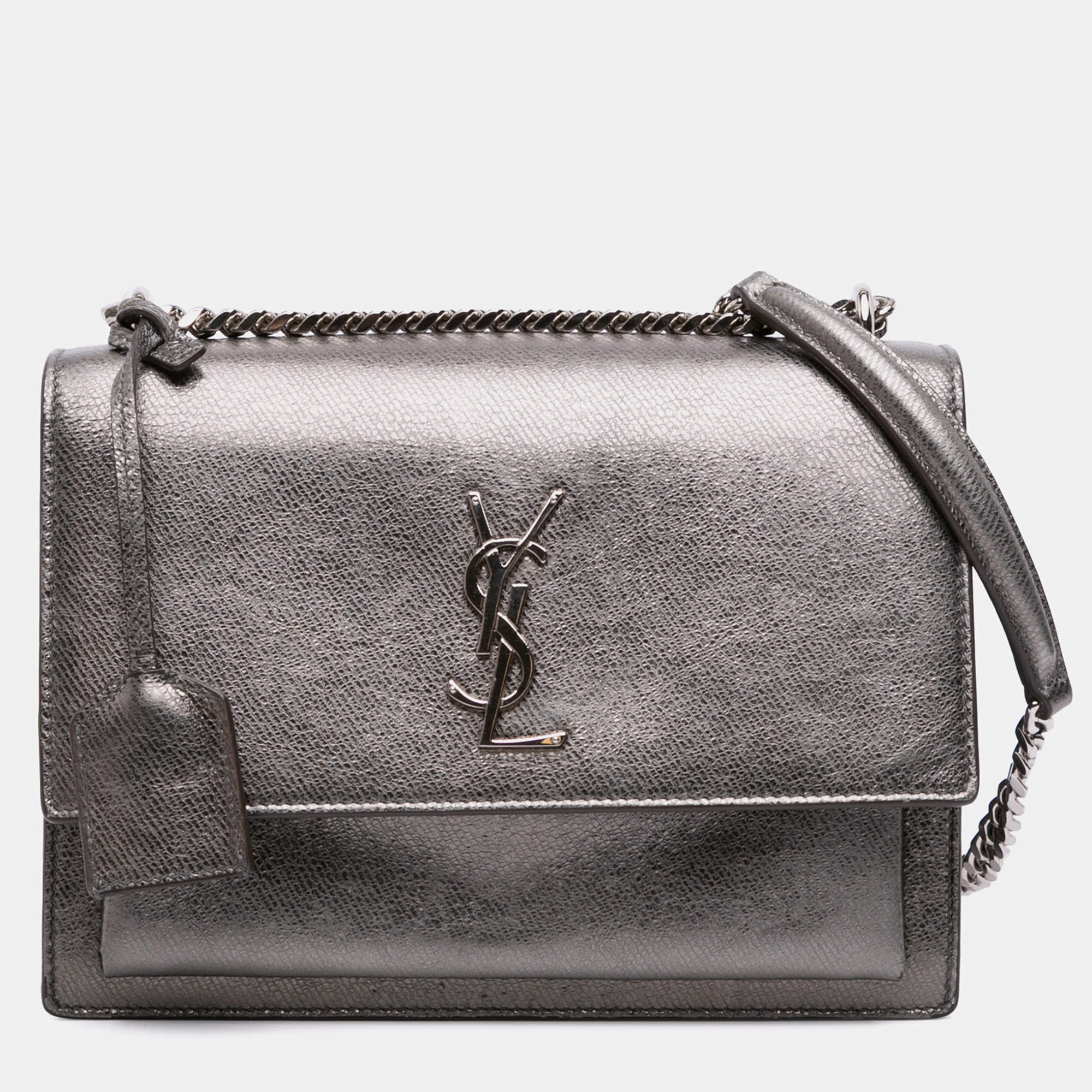 مملوكة مسبقًا Saint Laurent Paris Silver Medium Metallic Leather Monogram Sunset Crossbody