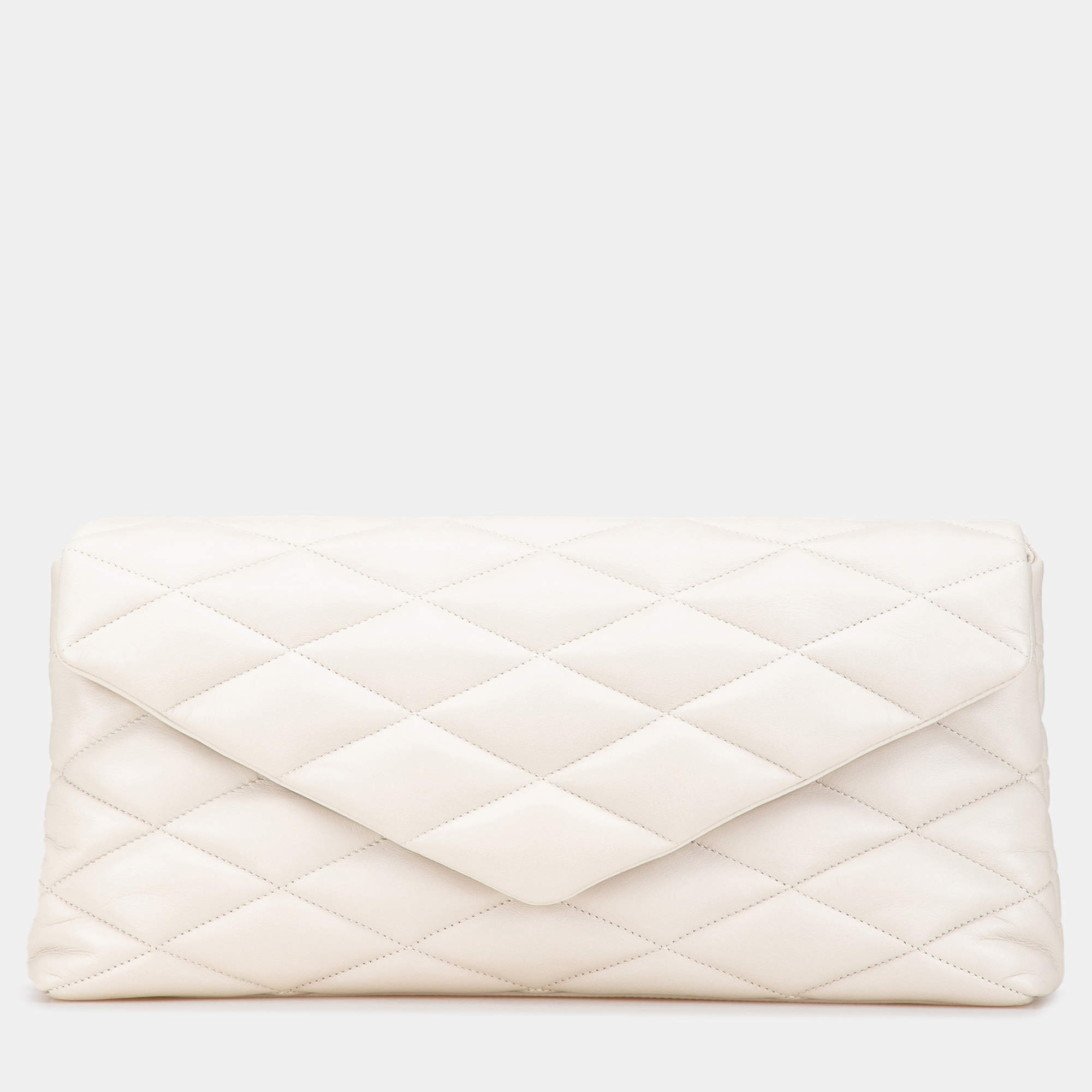 Pre Owned Saint Laurent Paris White Large Quilted Lambskin Sade Clutch