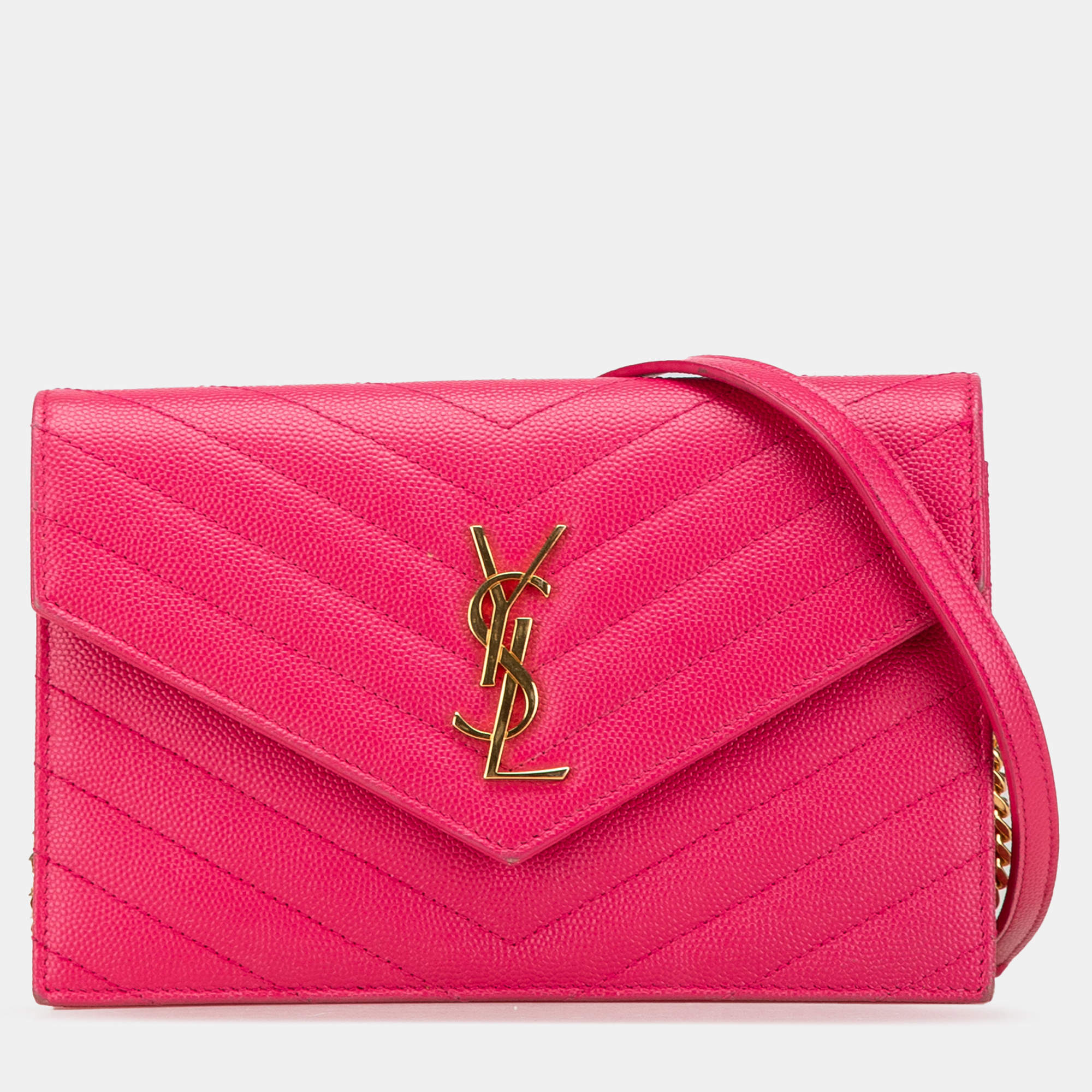 Pre Owned Saint Laurent Paris Pink Grain De Poudre Cassandre Envelope Chain Wallet