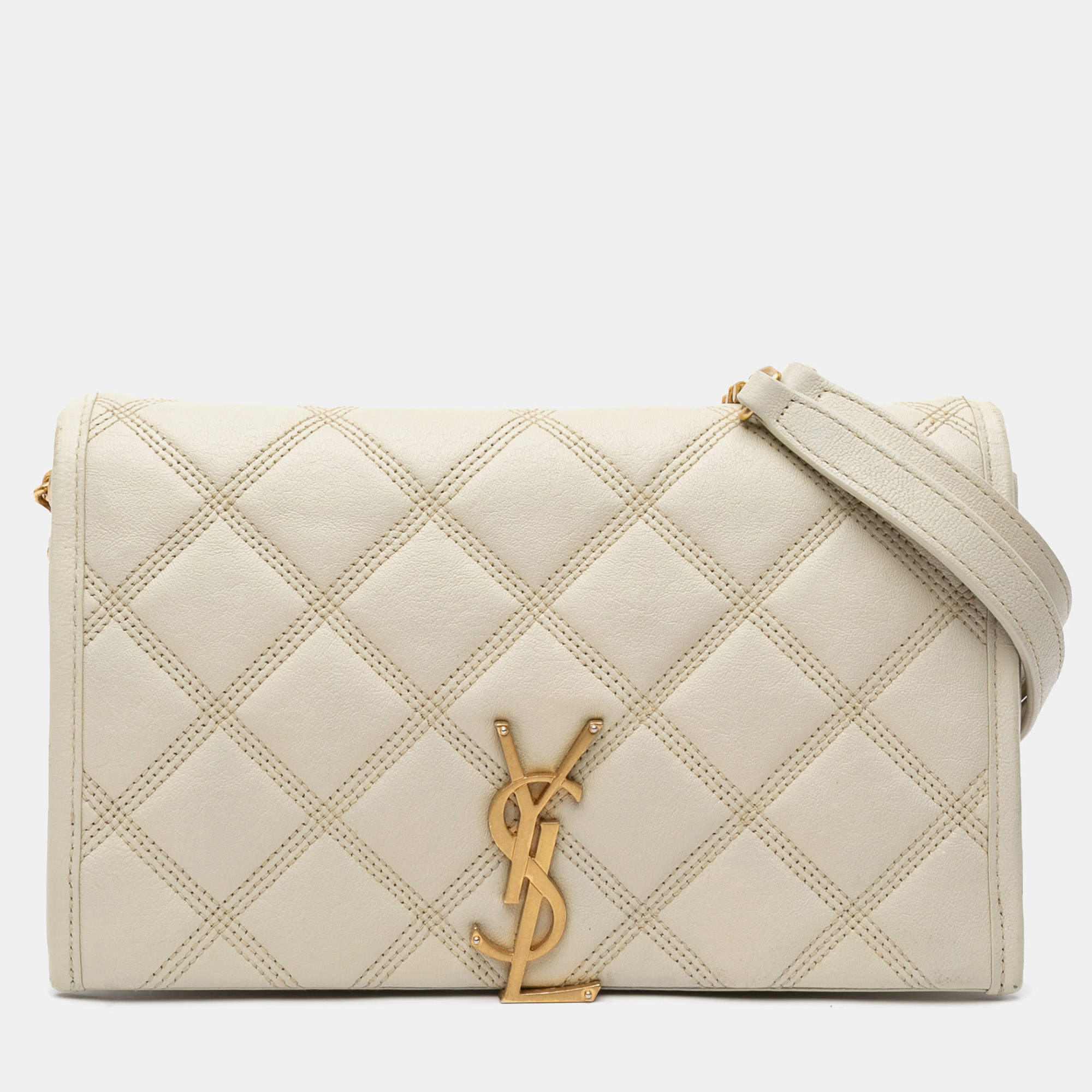 مملوكة مسبقًا Saint Laurent Paris White Quilted Lambskin Diamond Becky Chain Wallet