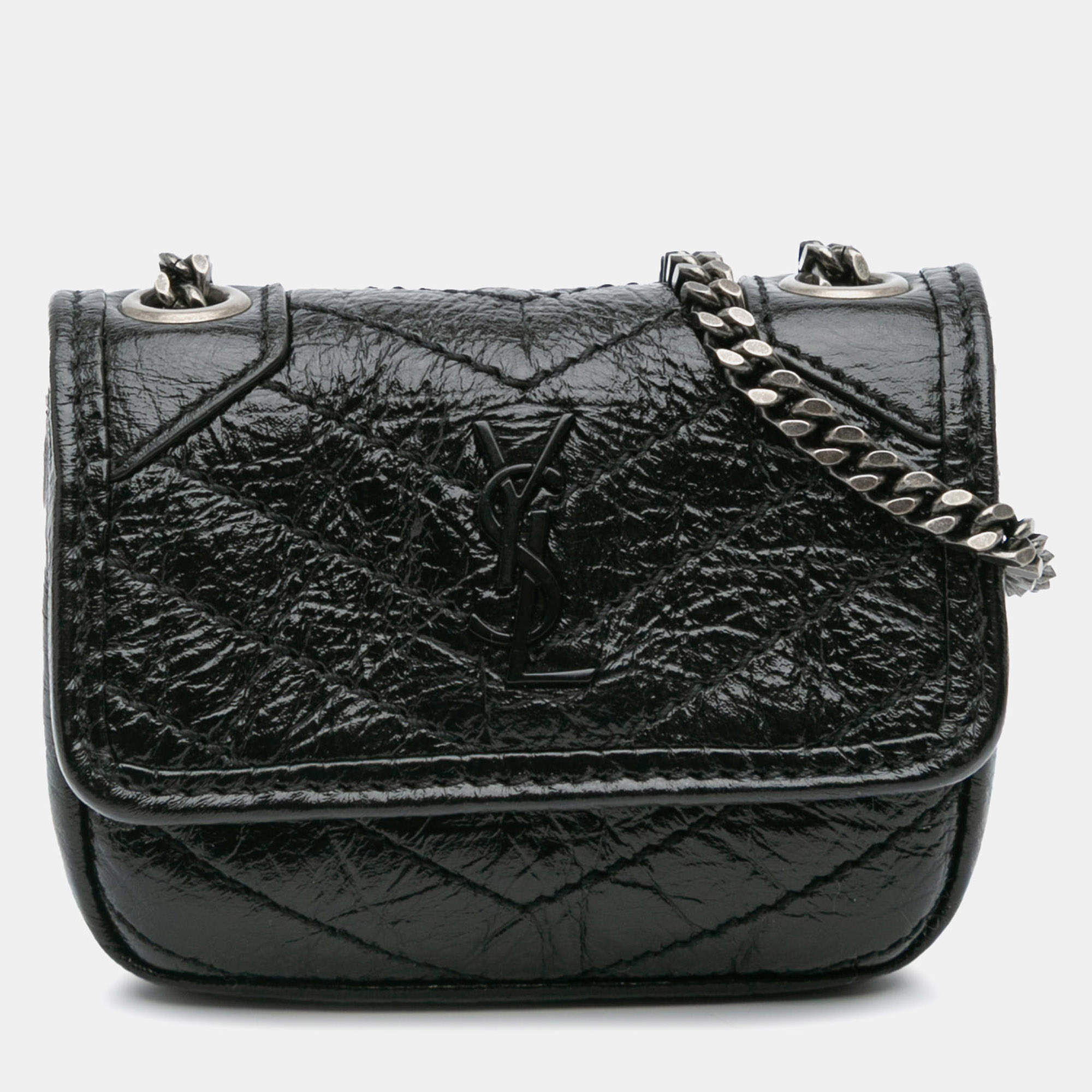 مملوكة مسبقًا Saint Laurent Paris Black Micro Crinkled Leather Niki Airpods Case with Chain