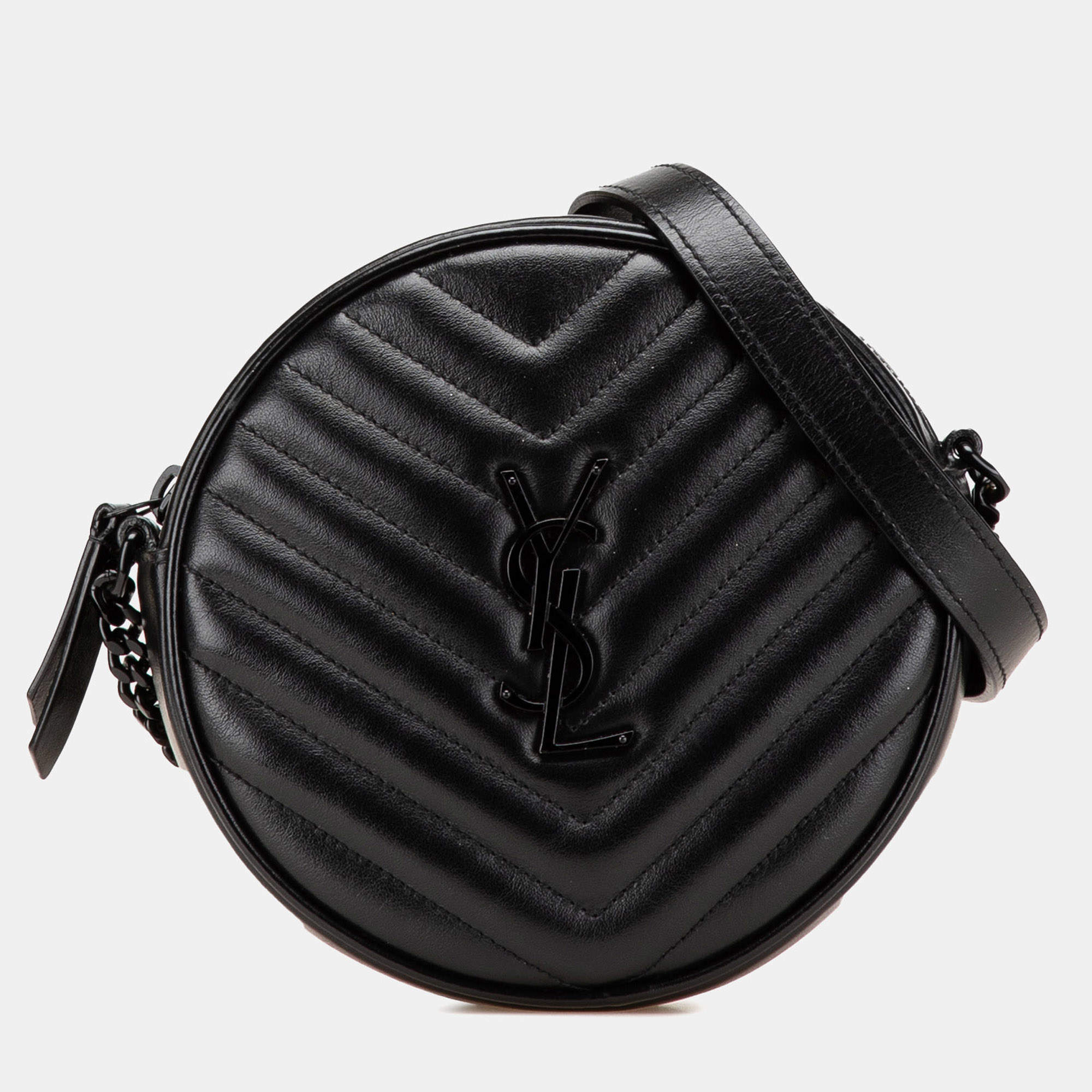 مملوكة مسبقًا Saint Laurent Paris Black Chevron Calfskin Round Vinyle Camera Bag