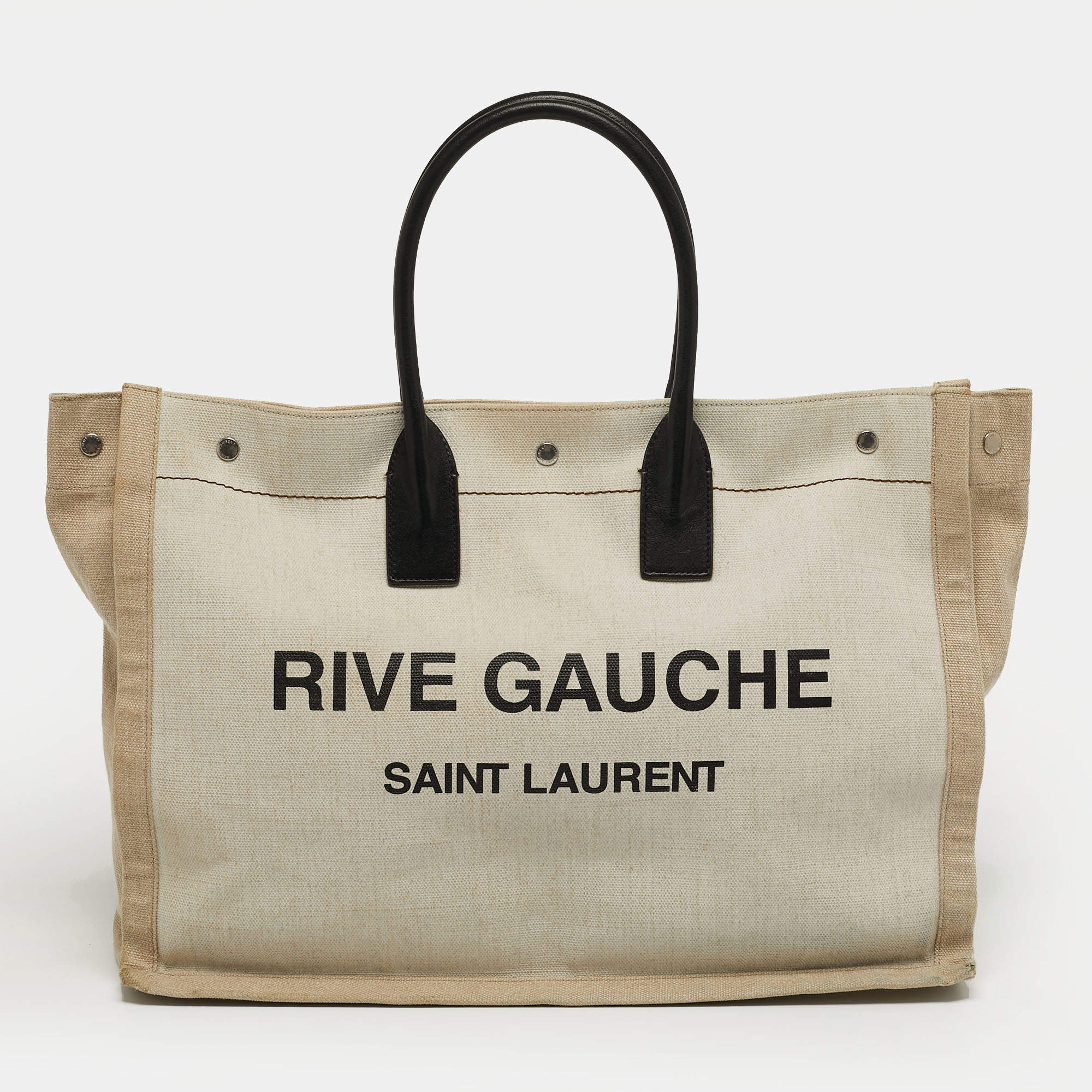 Pre Owned Saint Laurent Rive Gauche Shopper Tricolor Canvas and Leather Tote