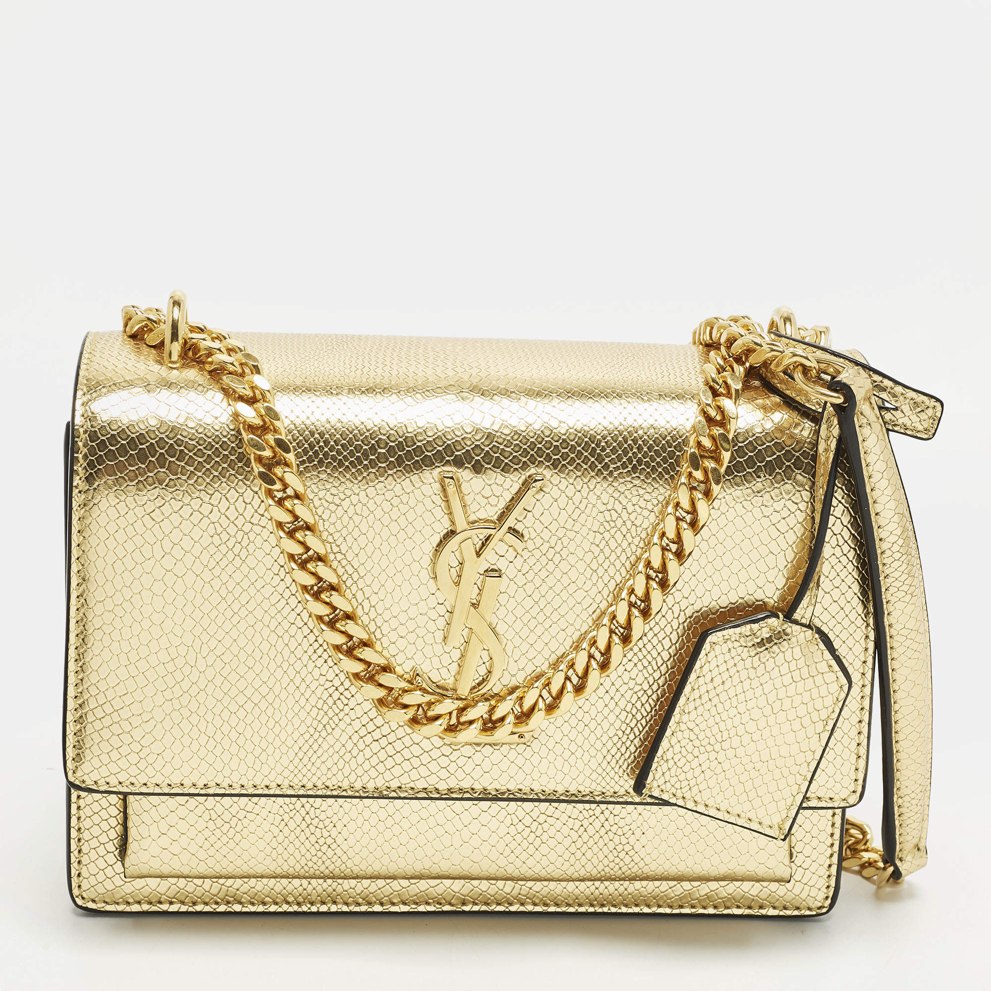 مملوكة مسبقًا Saint Laurent Sunset Small Gold Lizard Embossed Leather Shoulder Bag