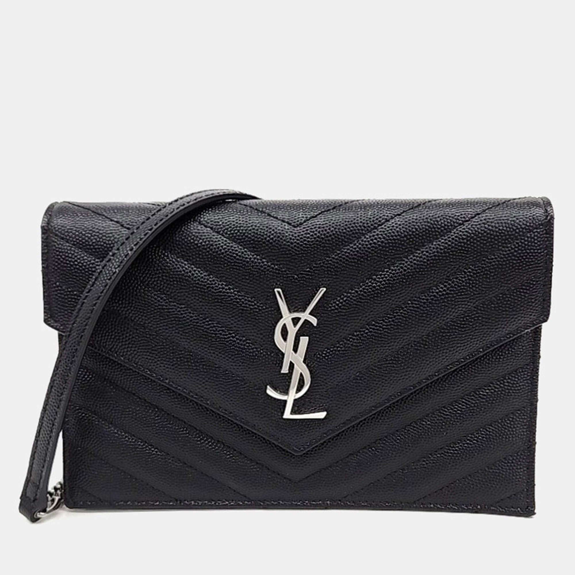 Pre Owned Saint Laurent Paris Black Leather Envelope Chain Shoulder Bag