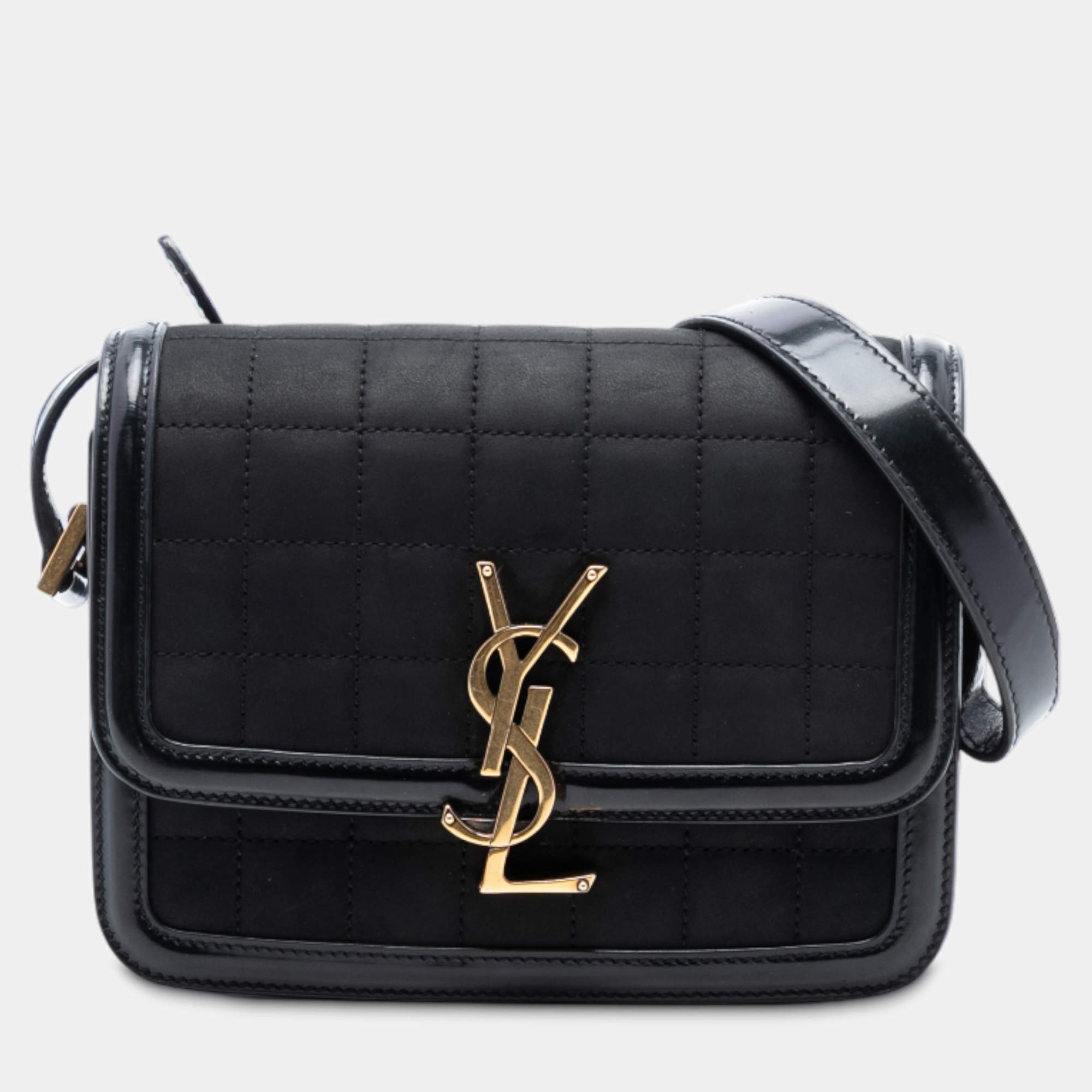 Pre Owned Saint Laurent Paris Black Small Quilted Suede Solferino Satchel In Box