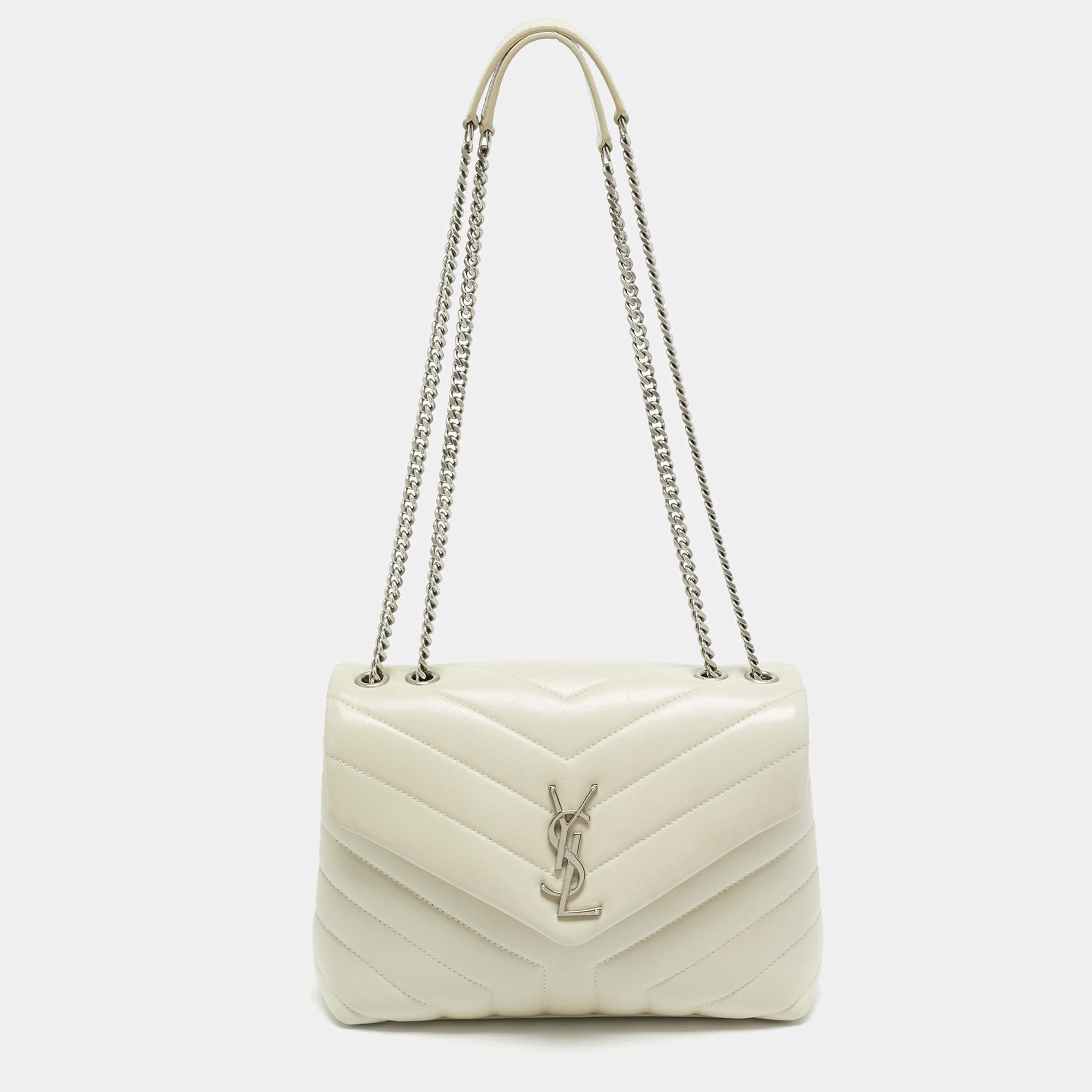 Pre Owned Saint Laurent Loulou Small Light Beige Matelassé Leather Shoulder Bag