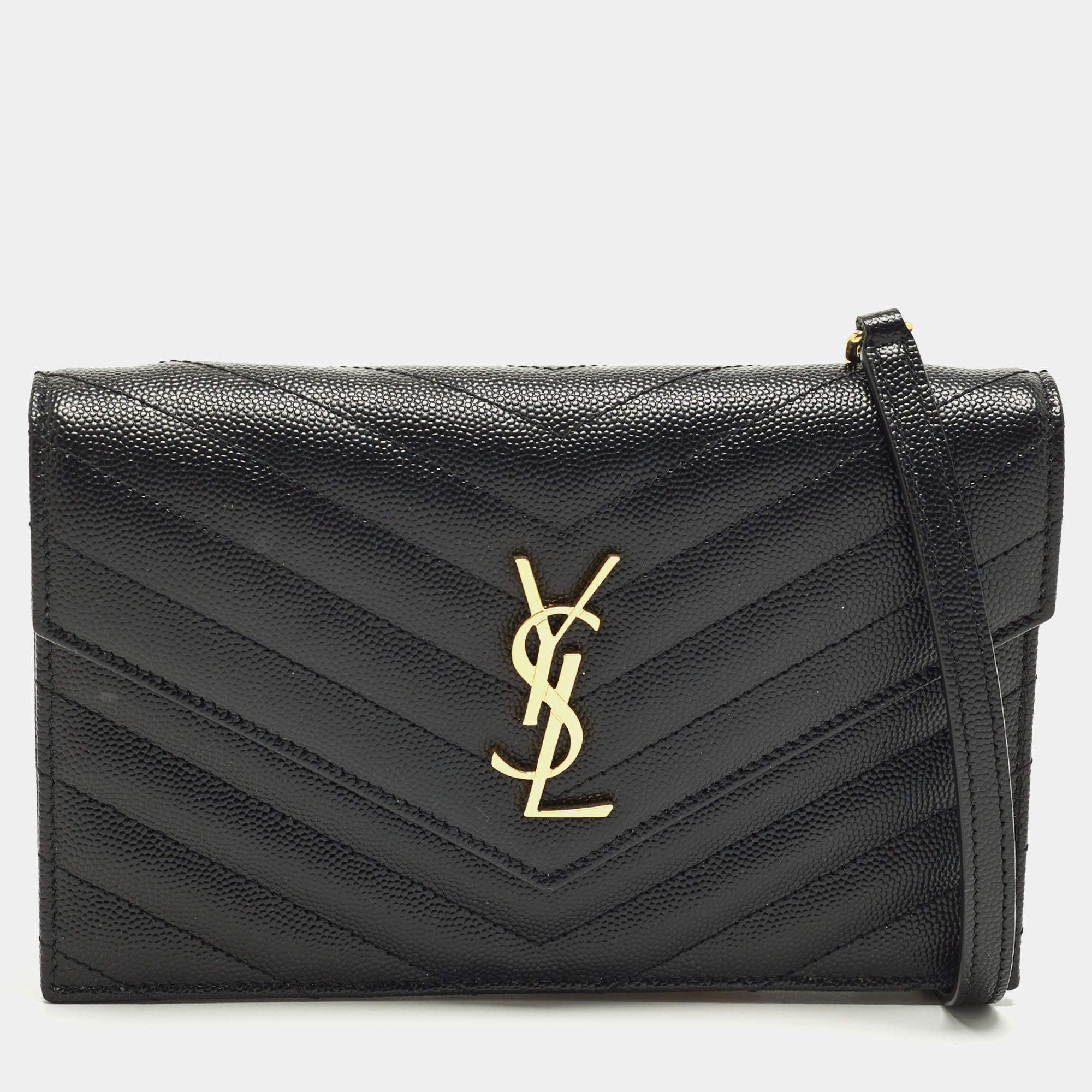 مملوكة مسبقًا Saint Laurent Cassandre Black Quilted Leather Wallet On Chain