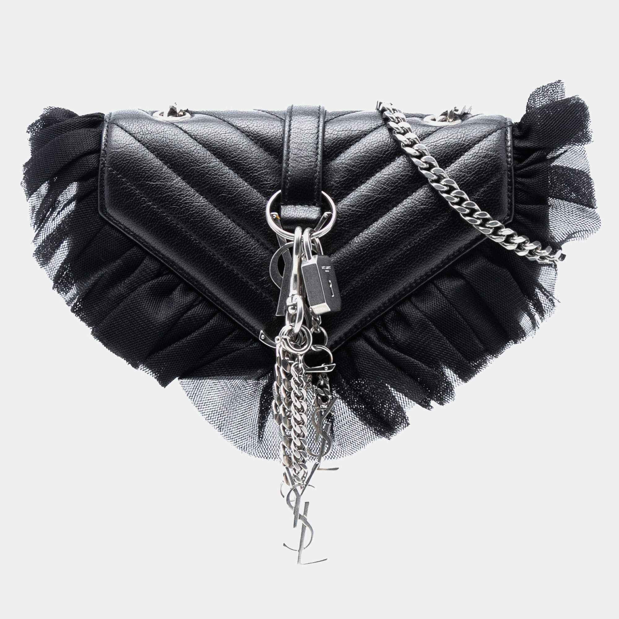 Pre Owned Saint Laurent Paris Black Baby Goatskin Tulle Chevron Monogram Classic Punk Chain Bag