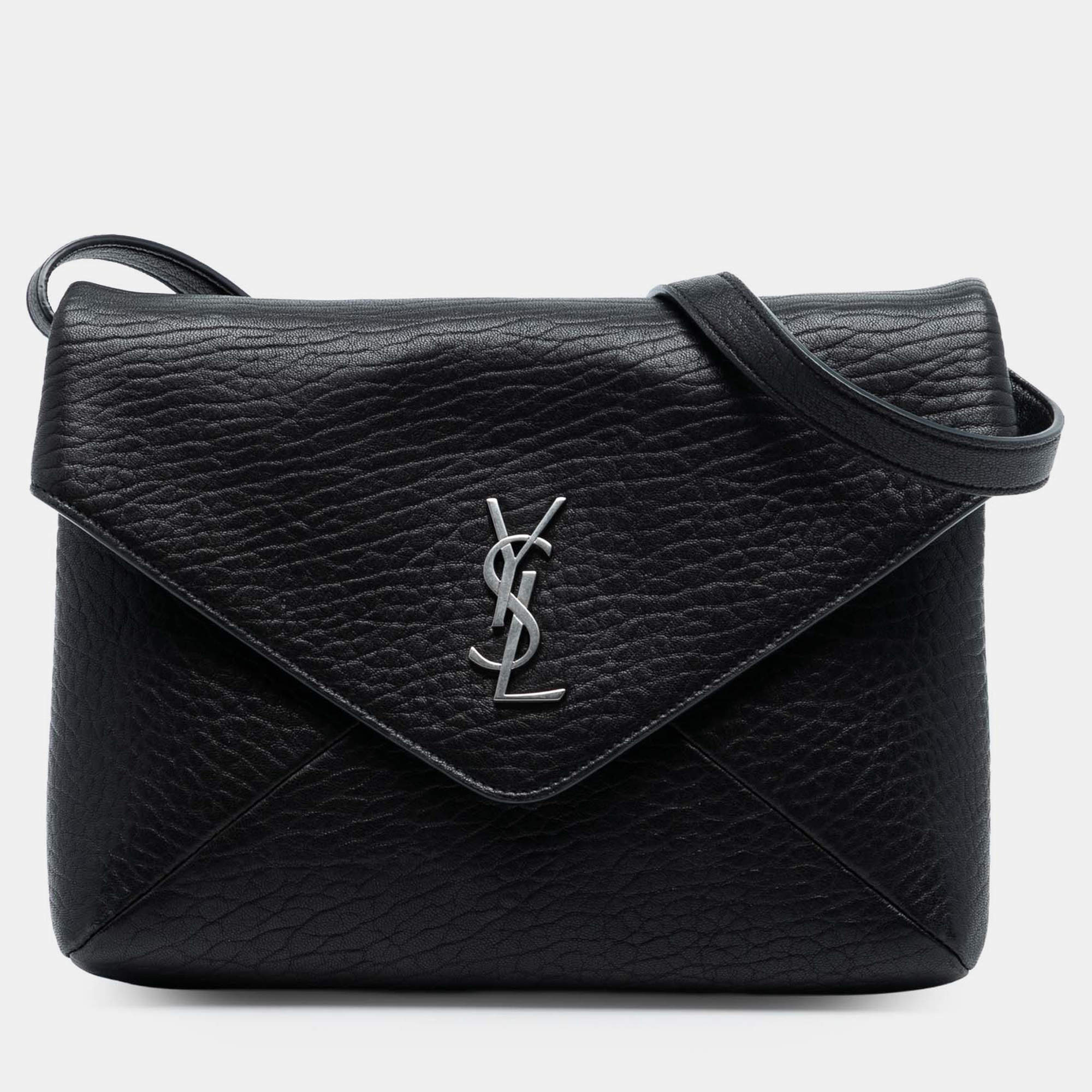 Pre Owned Saint Laurent Paris Black Lambskin Monogram Cassandre Envelope Messenger Bag