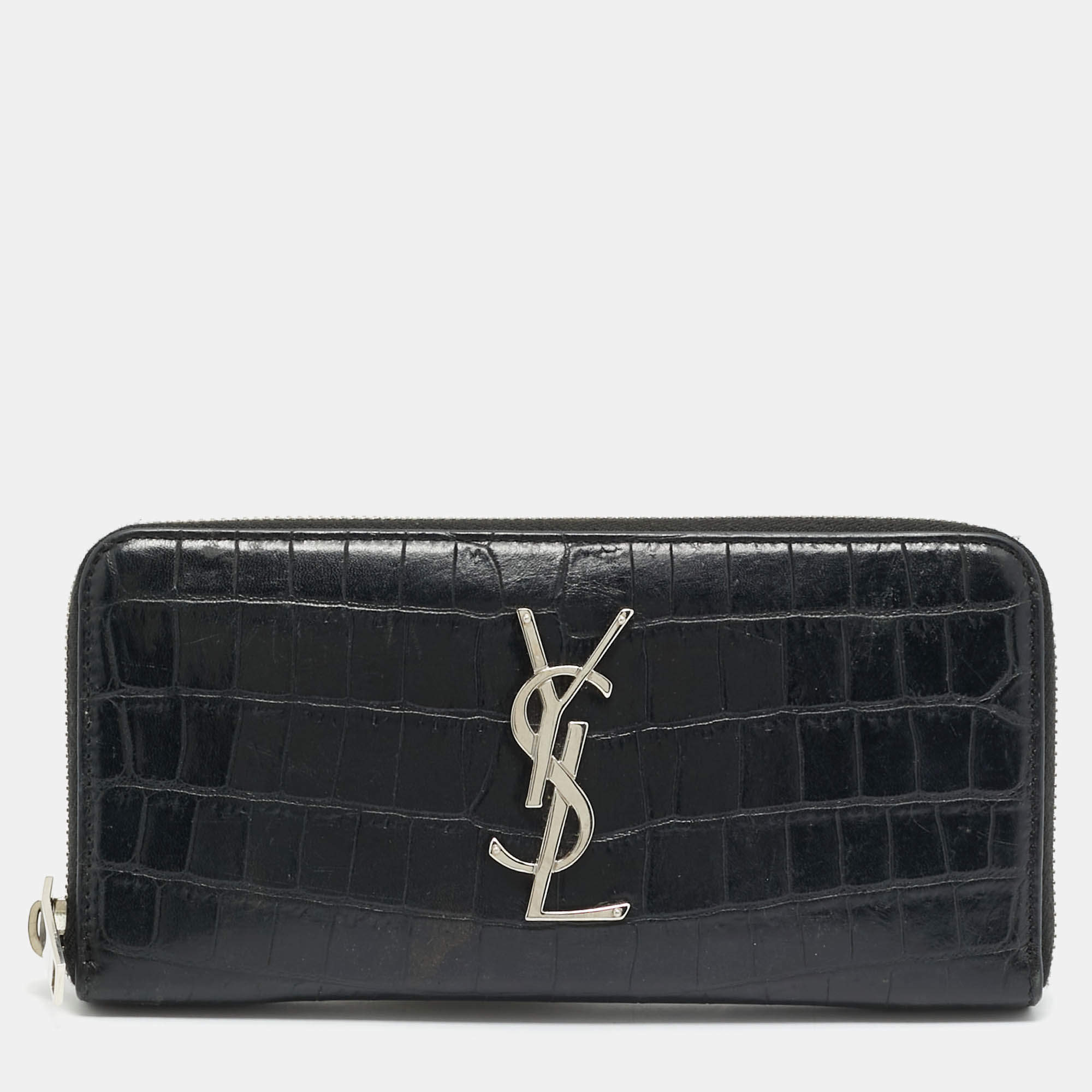 Pre Owned Saint Laurent Cassandre Black Croc Embossed Leather Zip Around Wallet