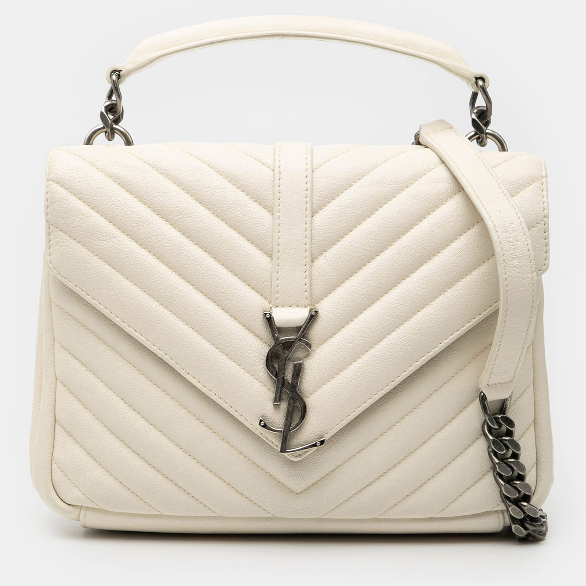 Pre Owned Saint Laurent Paris White Medium Chevron Sheepskin Monogram College Satchel