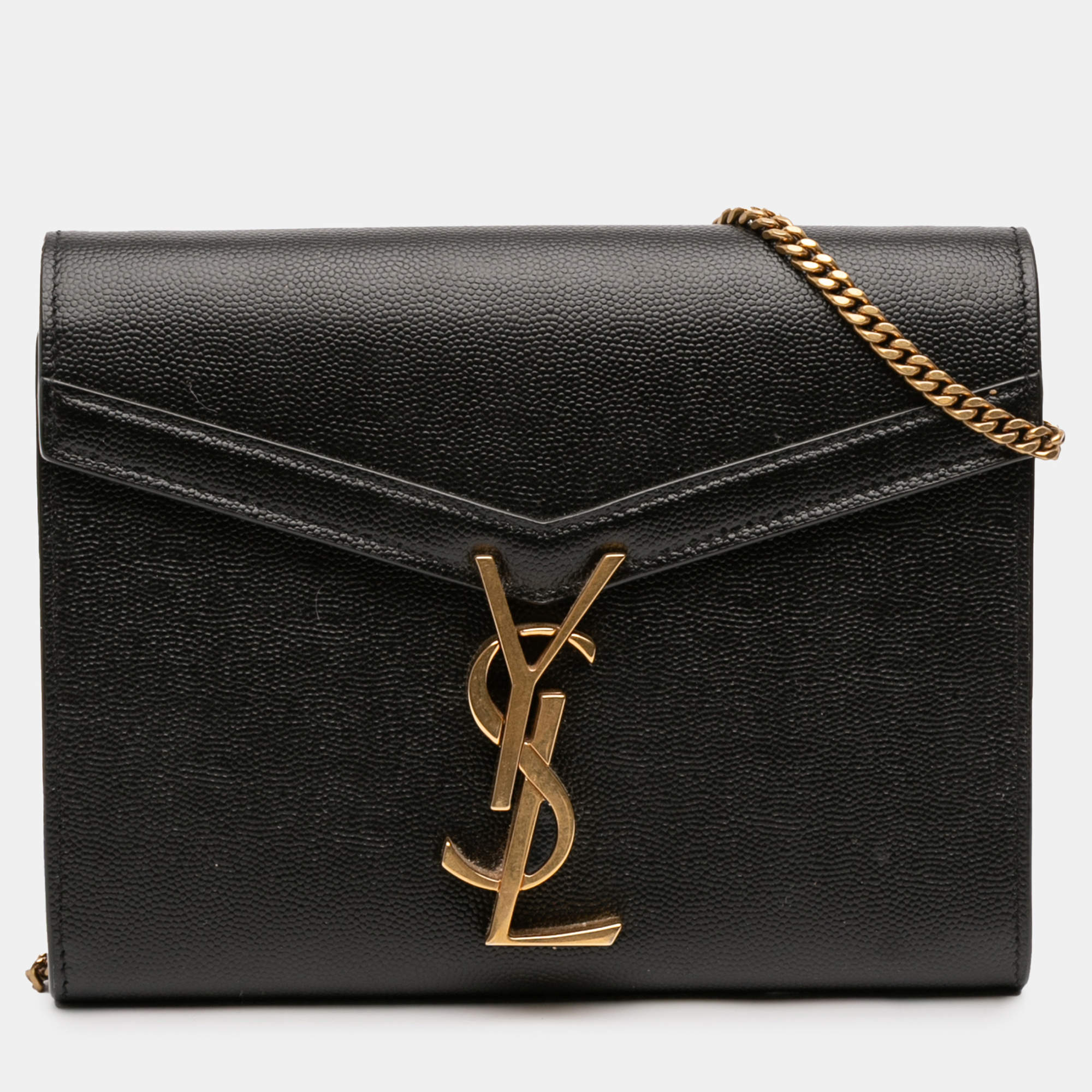 Pre Owned Saint Laurent Paris Black Grain De Poudre Monogram Cassandra Chain Wallet