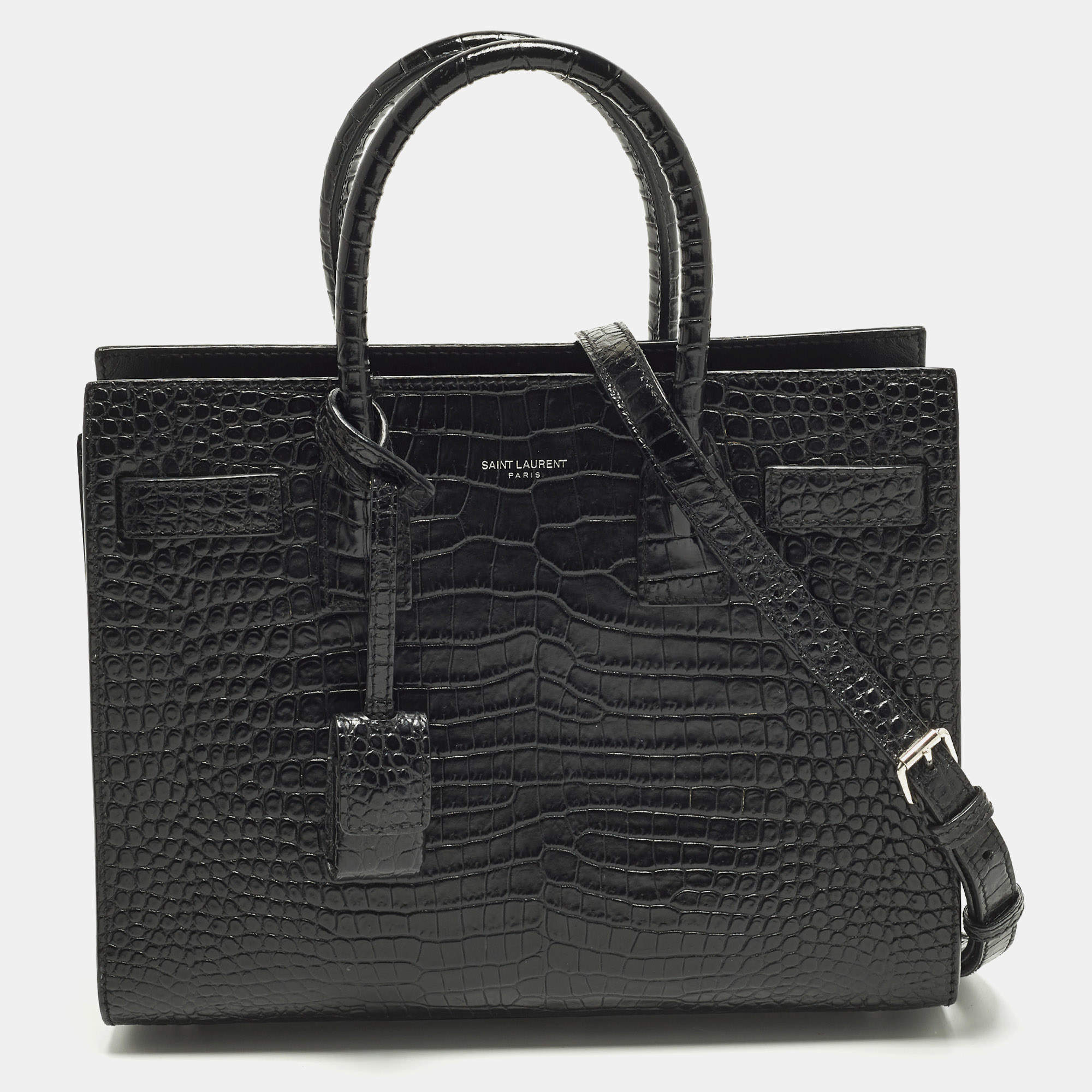 Pre Owned Saint Laurent Classic Sac De Jour Baby Black Croc Embossed Leather Tote