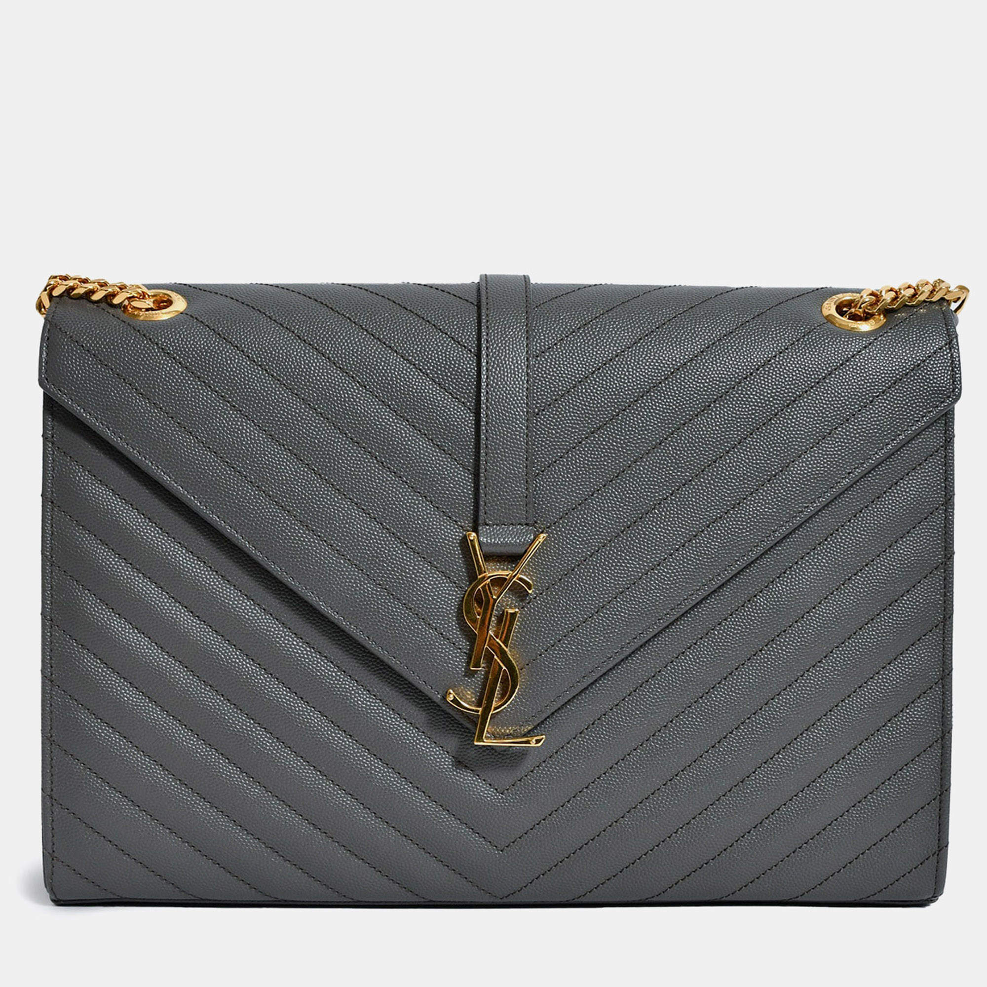 مملوكة مسبقًا Saint Laurent Grey Chevron Leather Envelope Large Chain Shoulder Bag