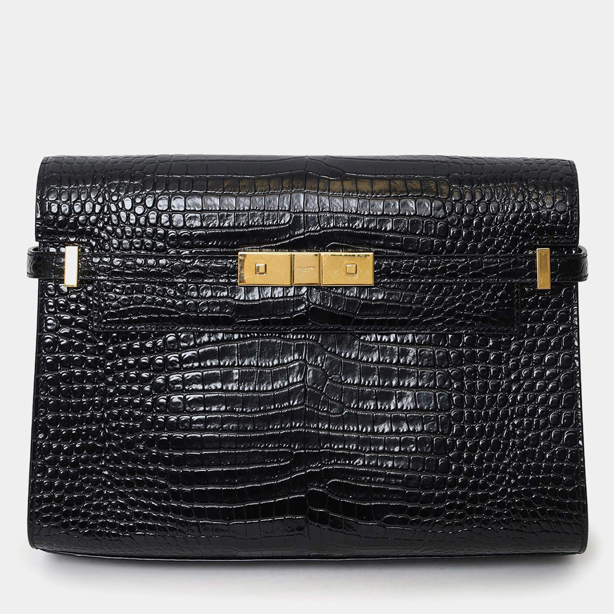 مملوكة مسبقًا Saint Laurent Black Croc Embossed Manhattan Shoulder Bag