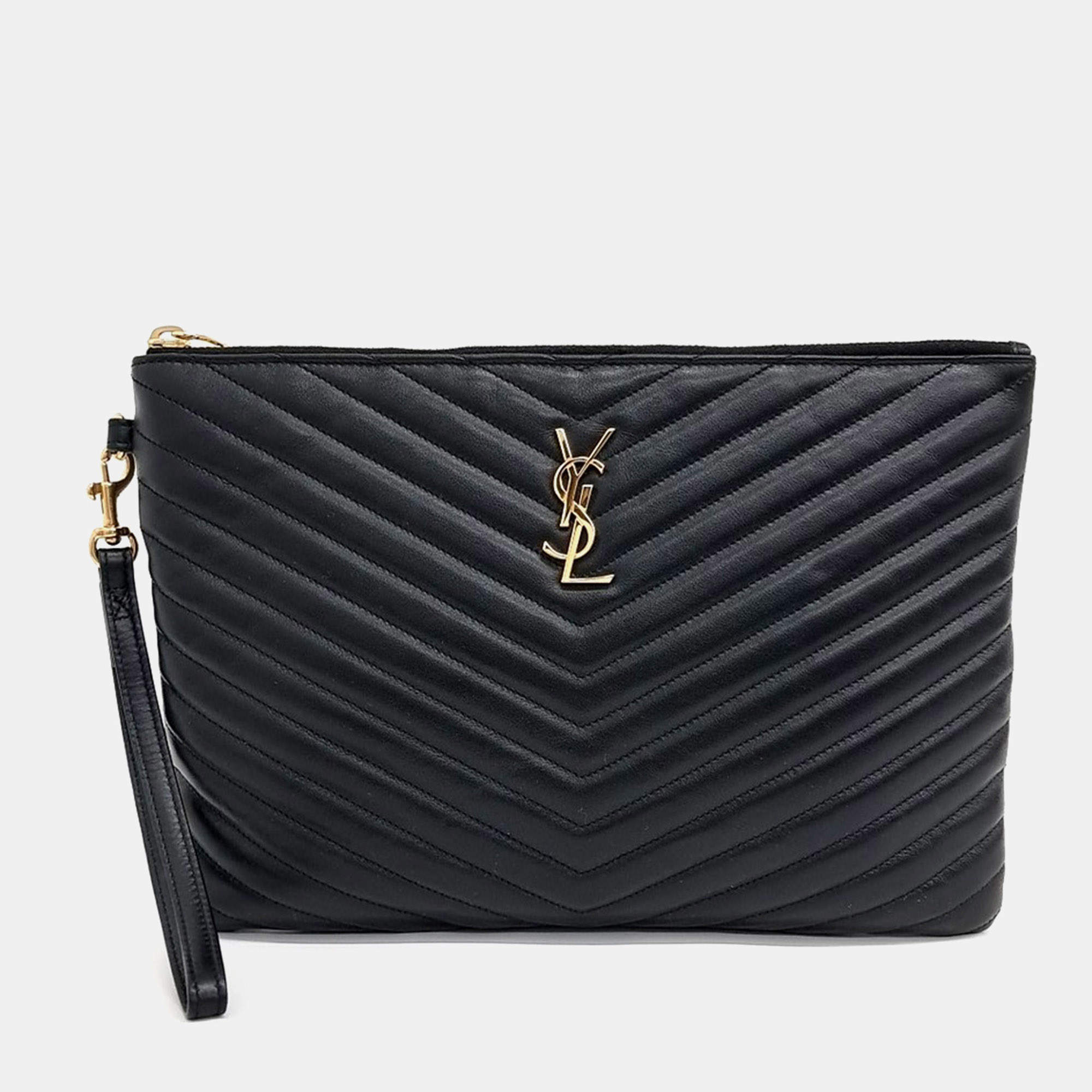 Pre Owned Saint Laurent Paris Black Monogram Clutch New Medium (559193)