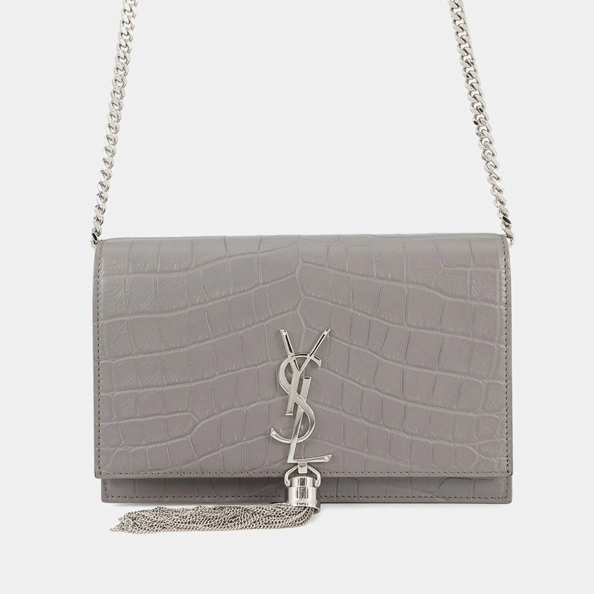 مملوكة مسبقًا Saint Laurent Paris Kate Chain Wallet Gray Croco Embossed Leather