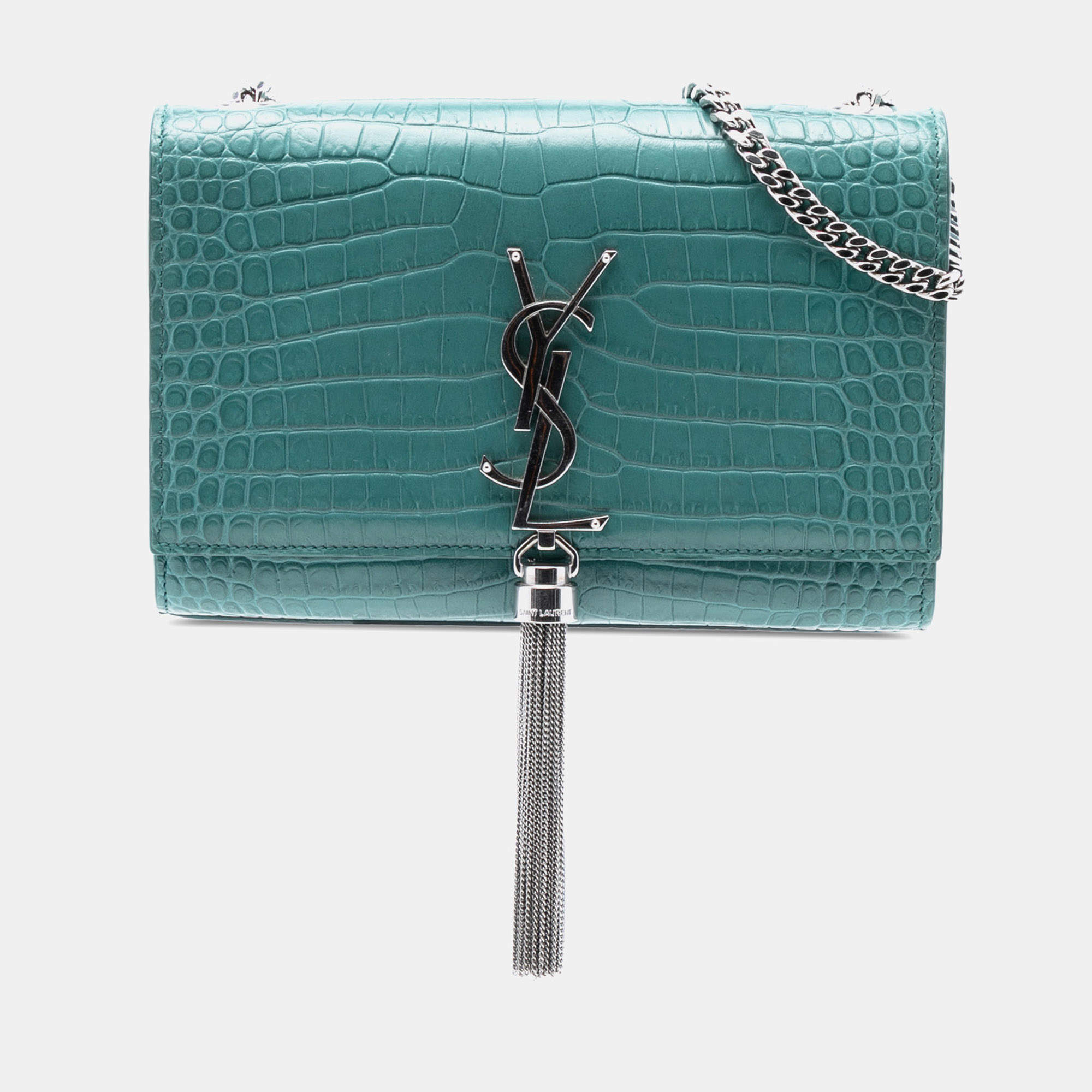 Pre Owned Saint Laurent Paris Blue Small Croc Embossed Leather Monogram Kate Tassel Crossbody