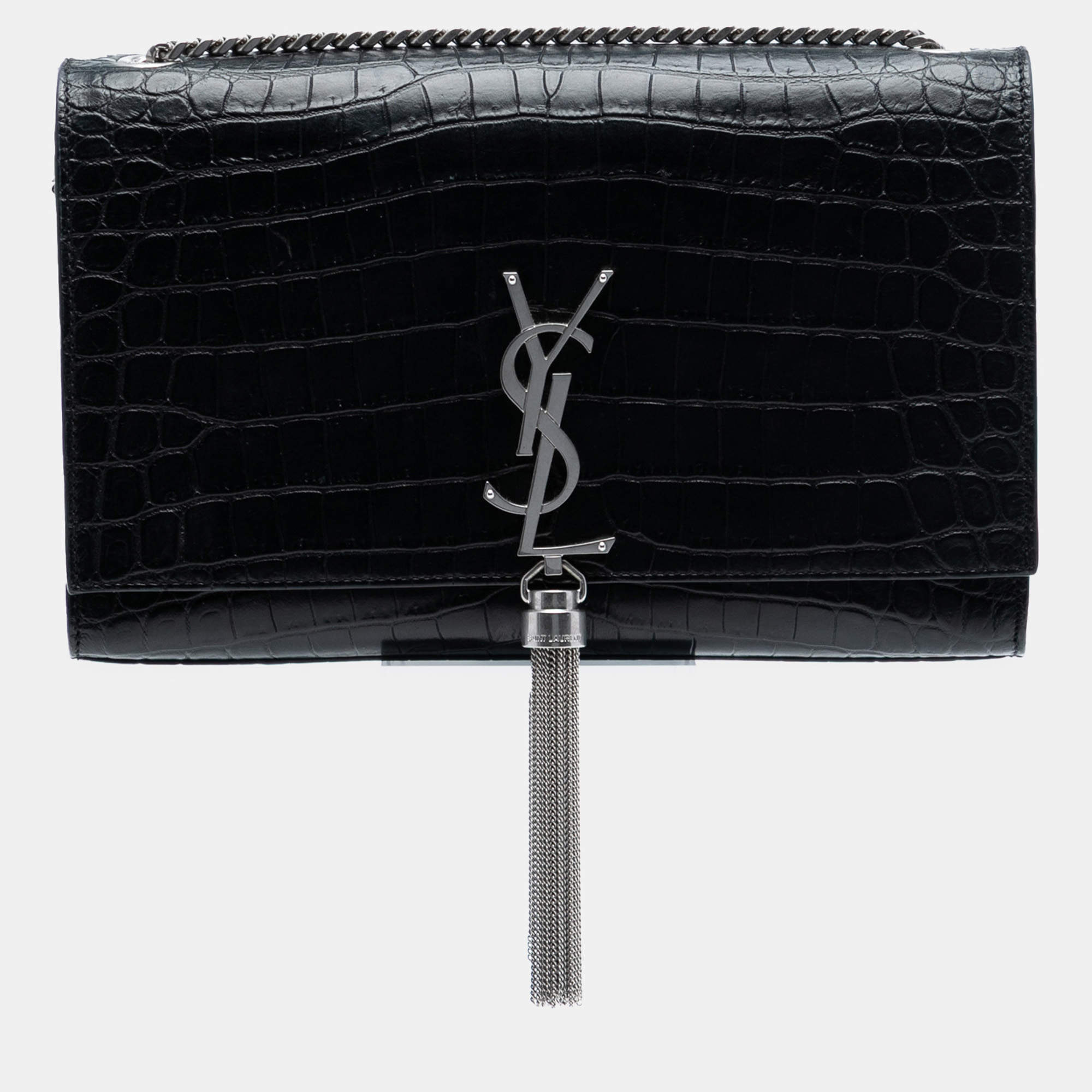 Pre Owned Saint Laurent Paris Black Medium Croc Embossed Leather Kate Tassel Crossbody