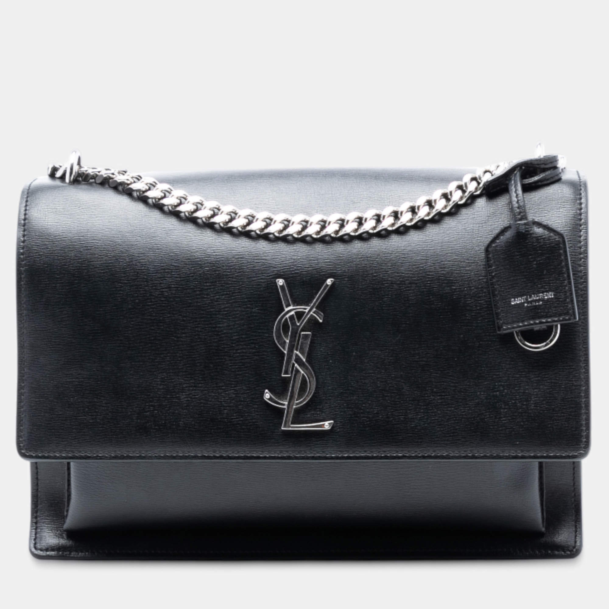 Pre Owned حقيبة سان لوران باريس جلد العجل مونوغرام غروب الشمس سوداء كبيرة كروس بودي