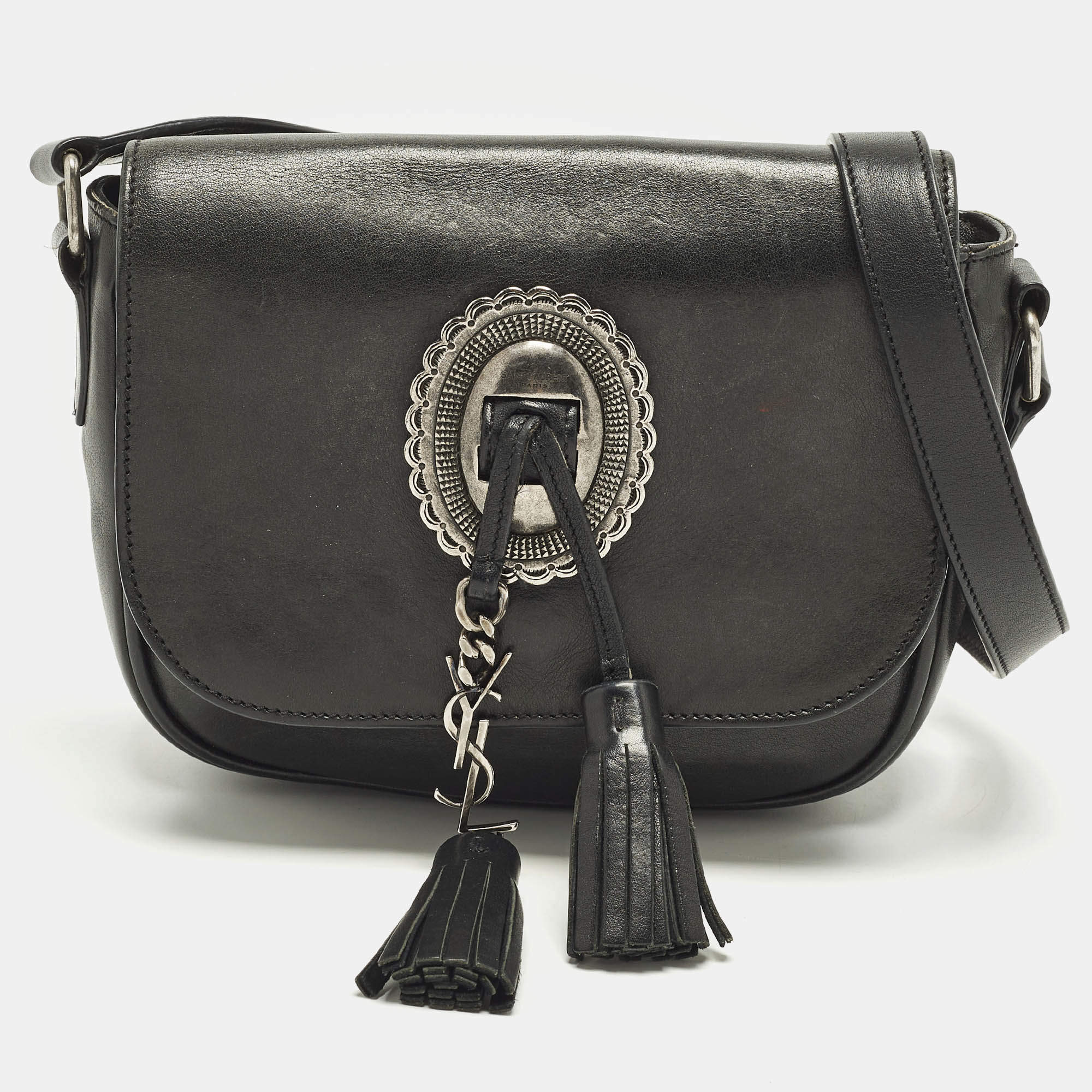 Pre Owned Saint Laurent Kim Tassel Black Leather Crossbody Bag