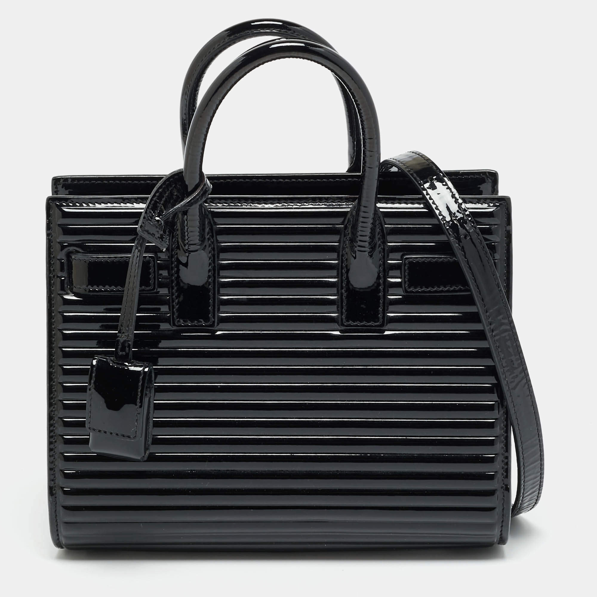 مملوكة مسبقًا Saint Laurent Classic Sac De Jour Nano Black Ribbed Patent Leather Tote