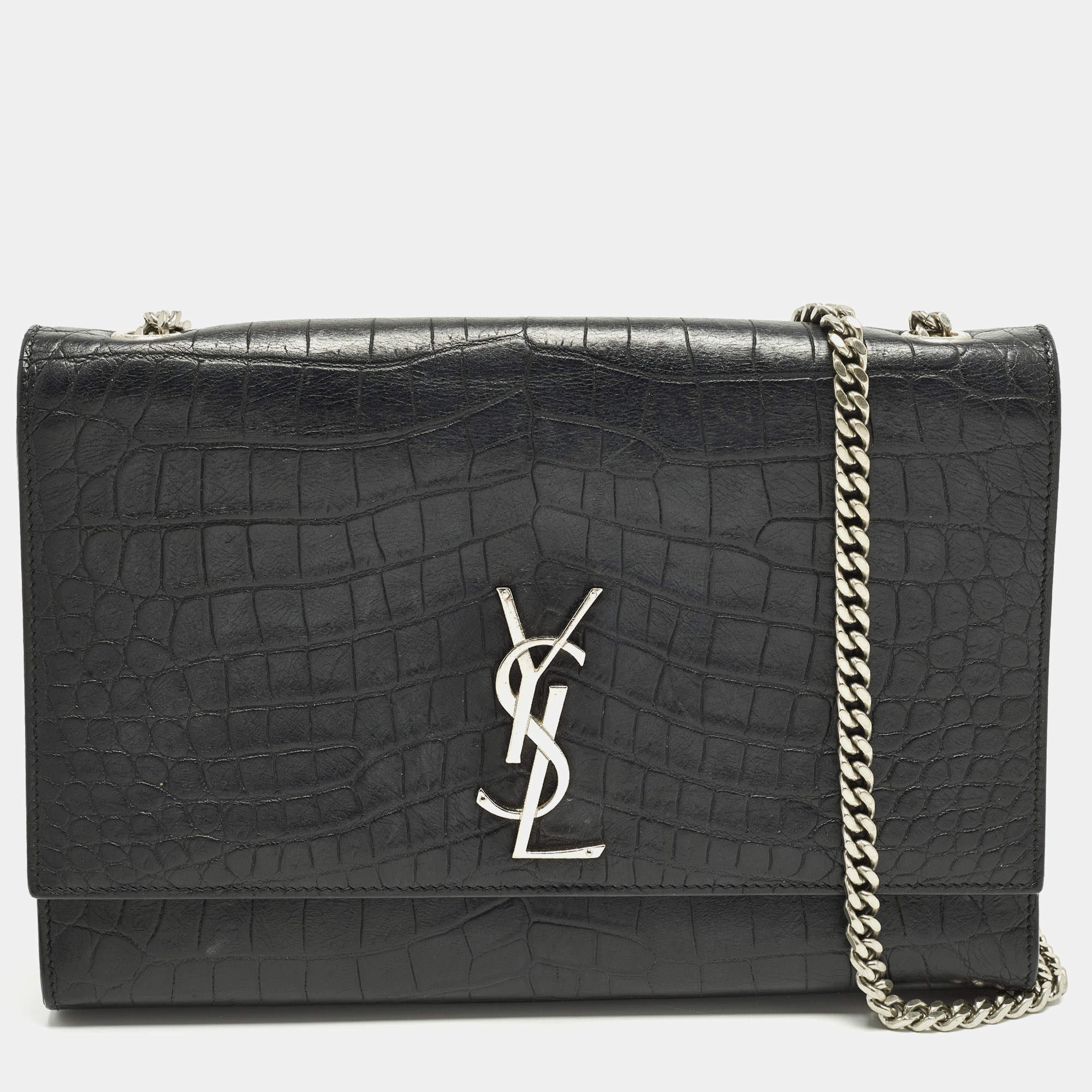 Pre Owned حقيبة كتف سان لوران كيت كبيرجلد نقش التمساح أسود