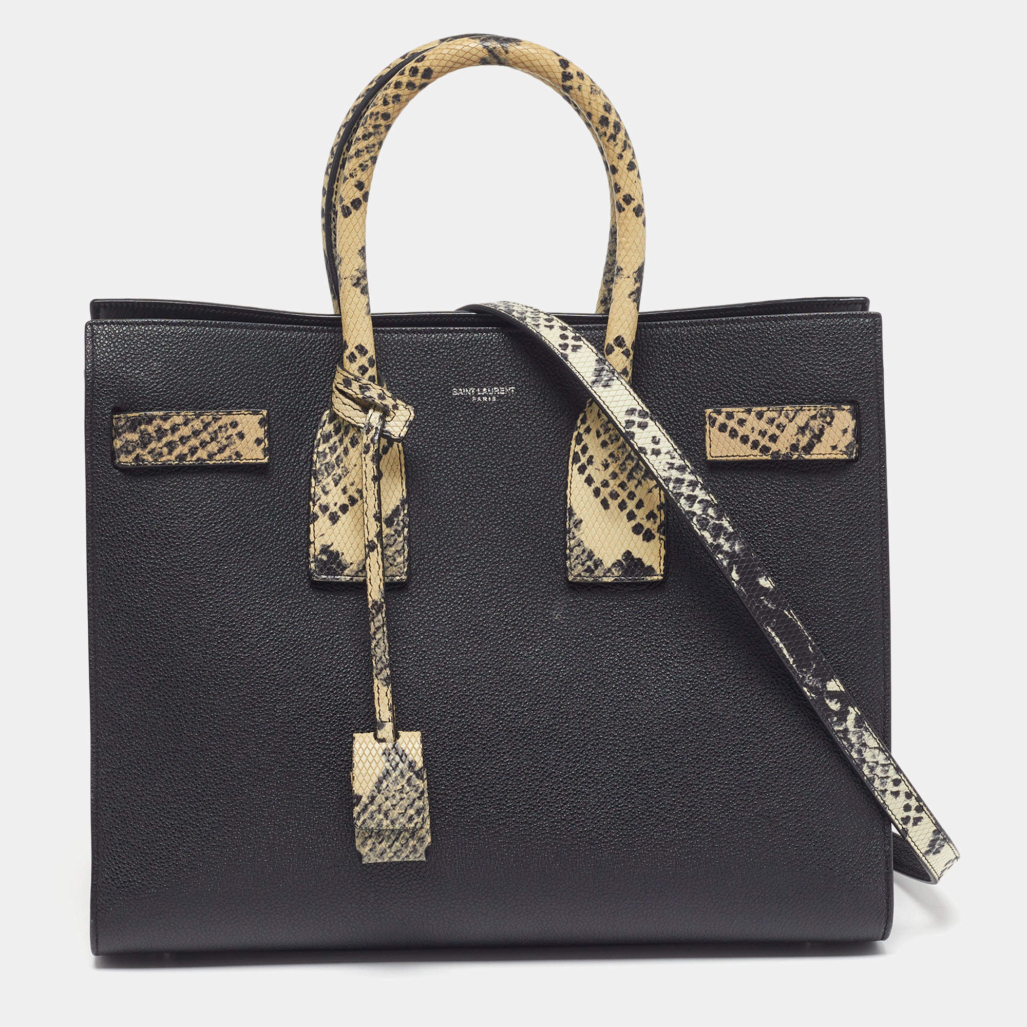 Pre Owned Saint Laurent Classic Sac De Jour Small Black/Cream Leather and Python Embossed Tote