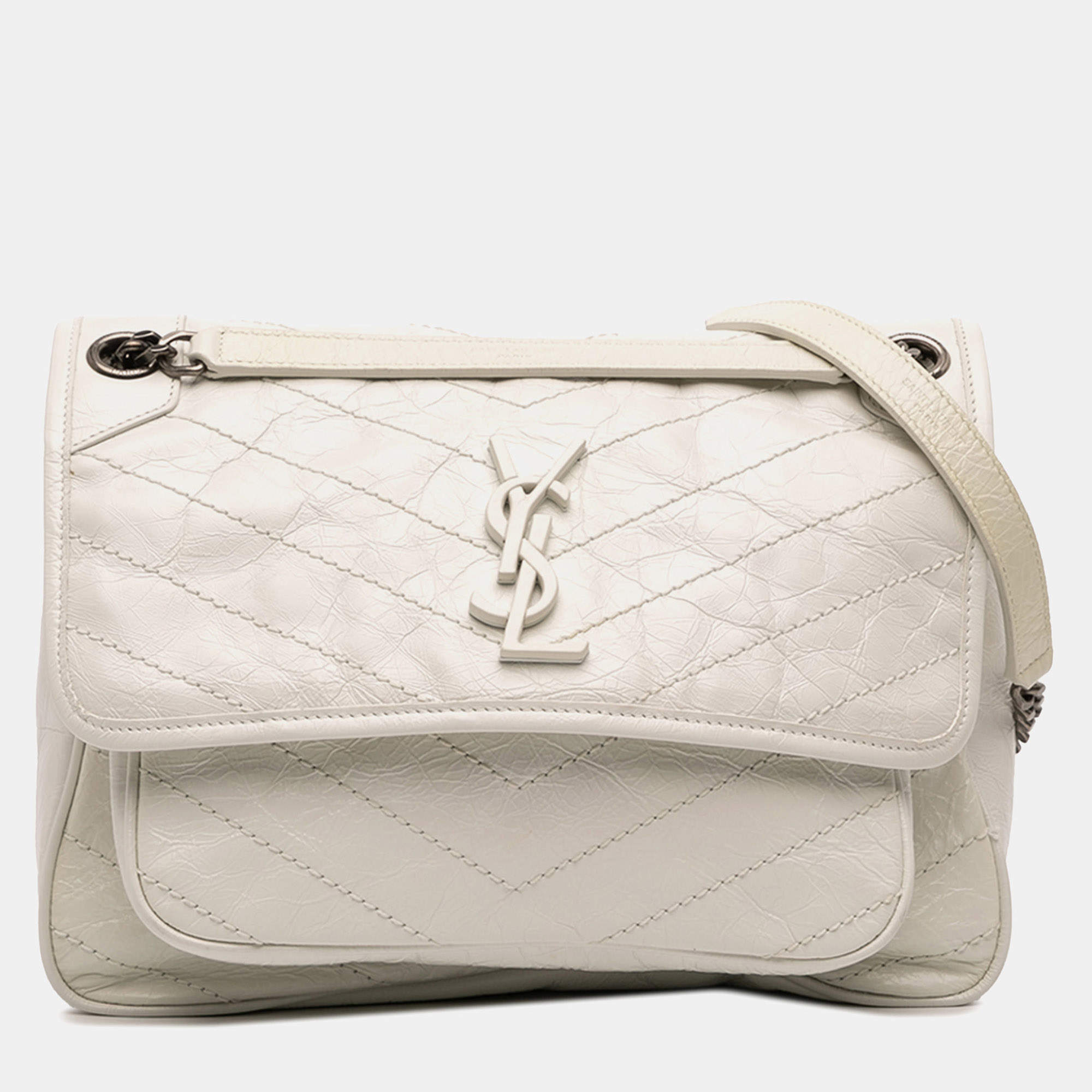 Pre Owned Saint Laurent Paris White Medium Crinkled Calfskin Niki