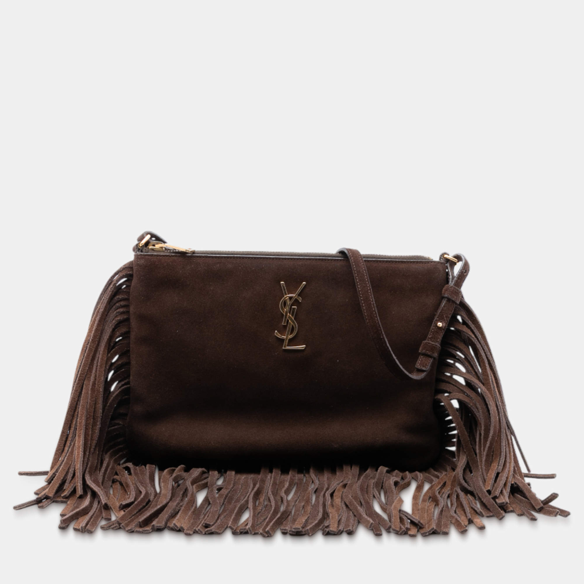 Pre Owned Saint Laurent Paris Brown Suede Monogram Fringe Crossbody