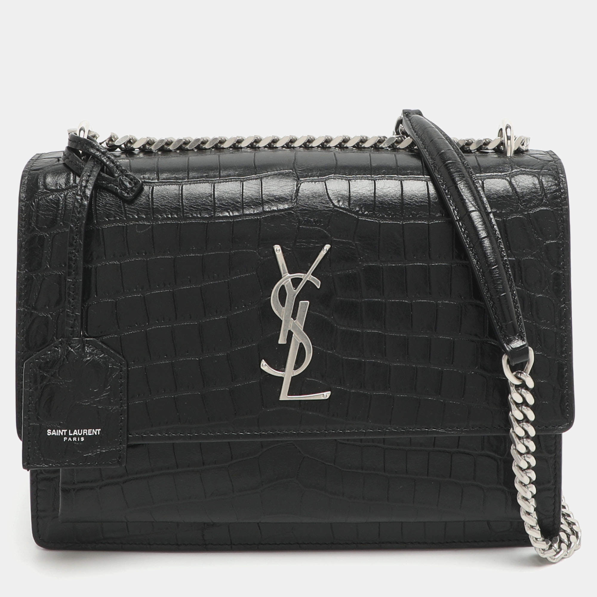 Pre Owned Saint Laurent Paris Sunset Medium Black Croc Embossed Leather Shoulder Bags