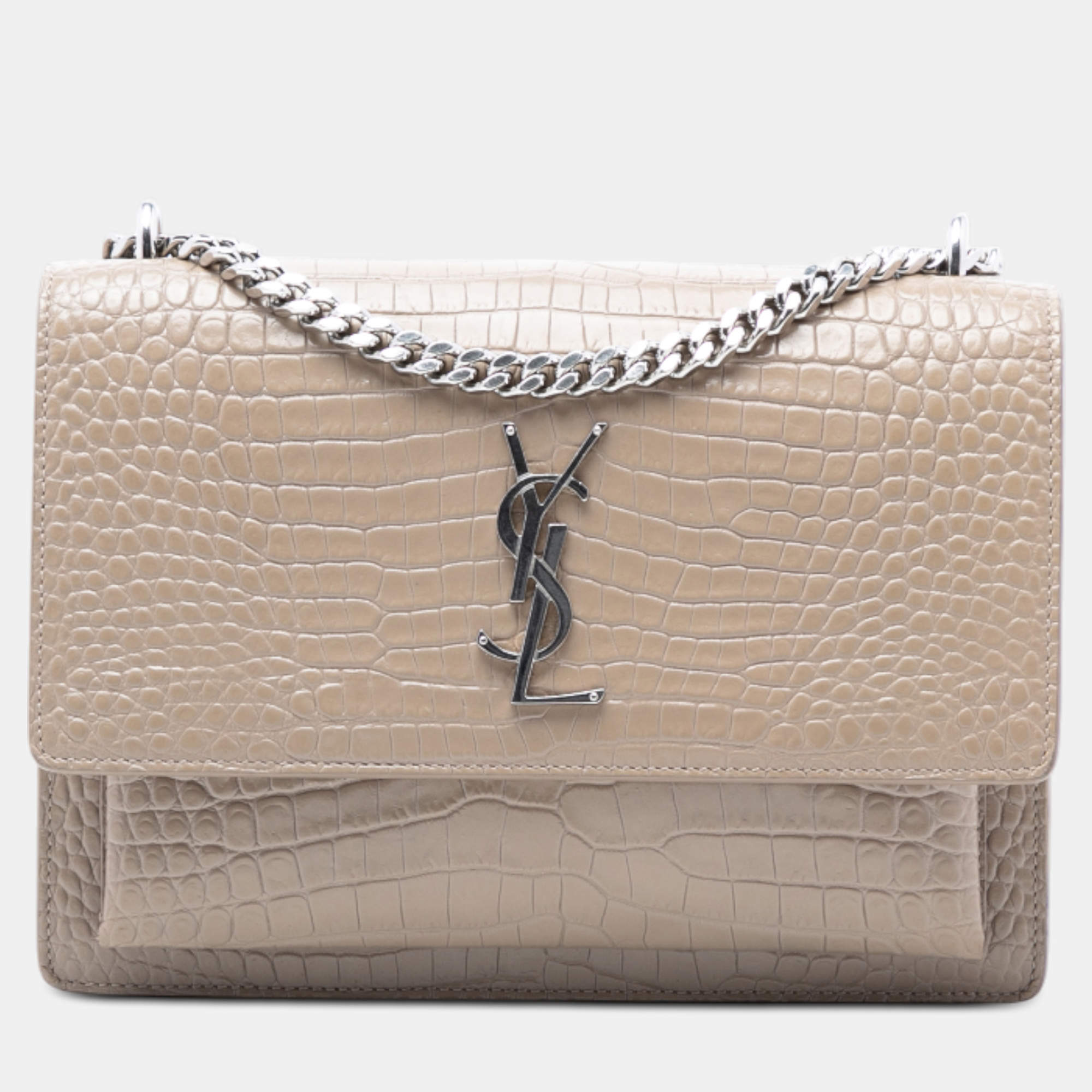 Pre Owned Saint Laurent Paris Brown Medium Croc Embossed Leather Monogram Sunset Crossbody