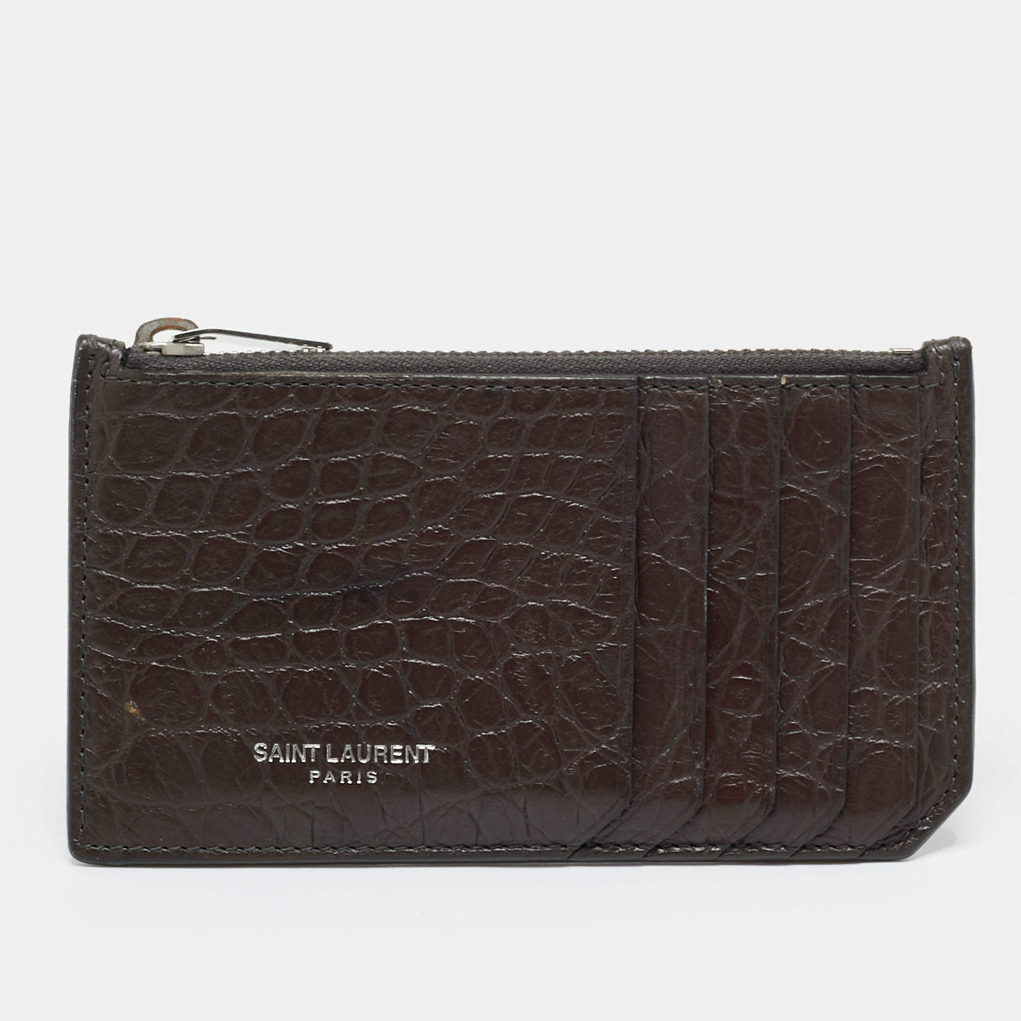Pre Owned حافظة بطاقات سان لوران جلد نقشة التمساح أسود بسحاب
