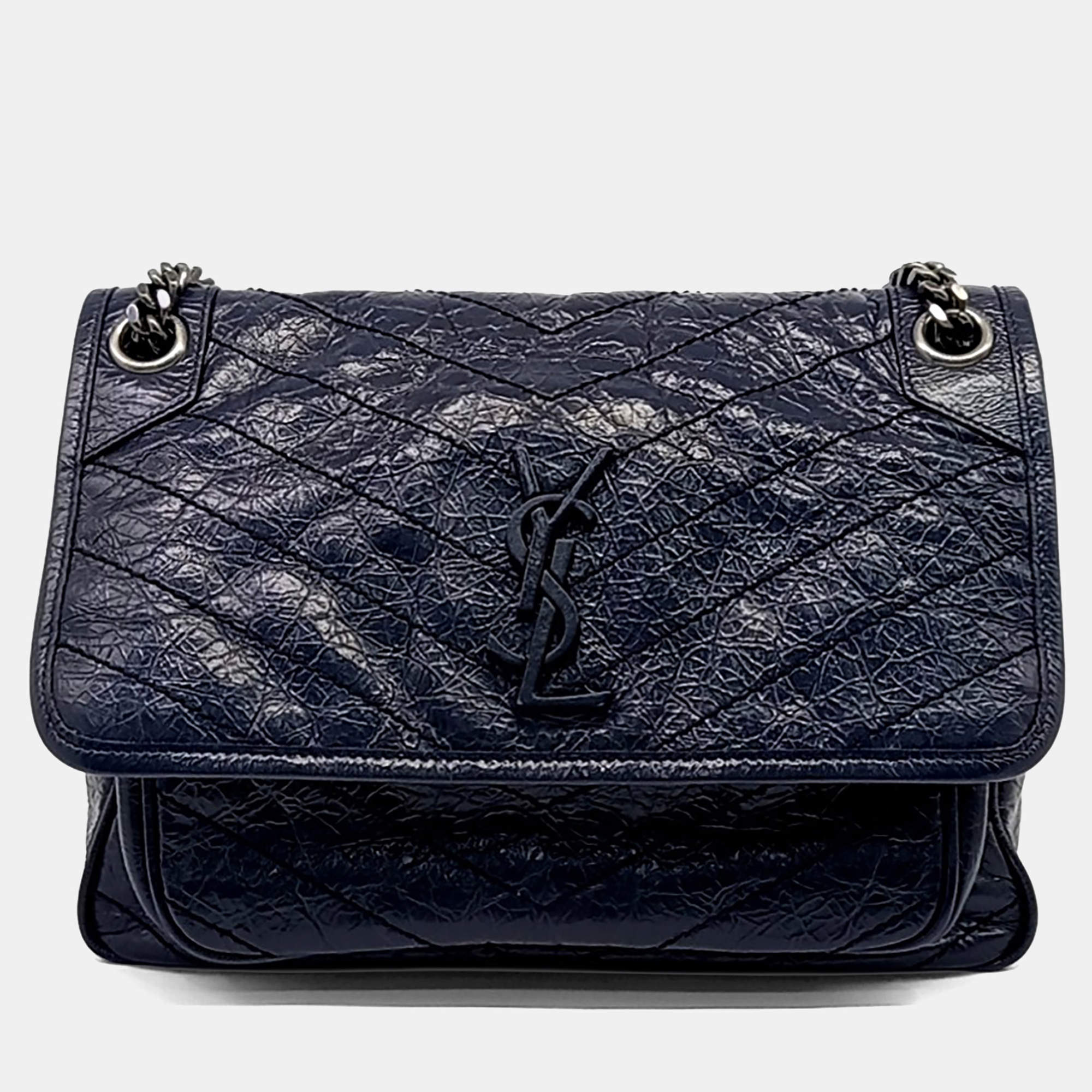 Pre Owned Saint Laurent Paris Navy Blue Leather Niki Monogram Shoulder Bag