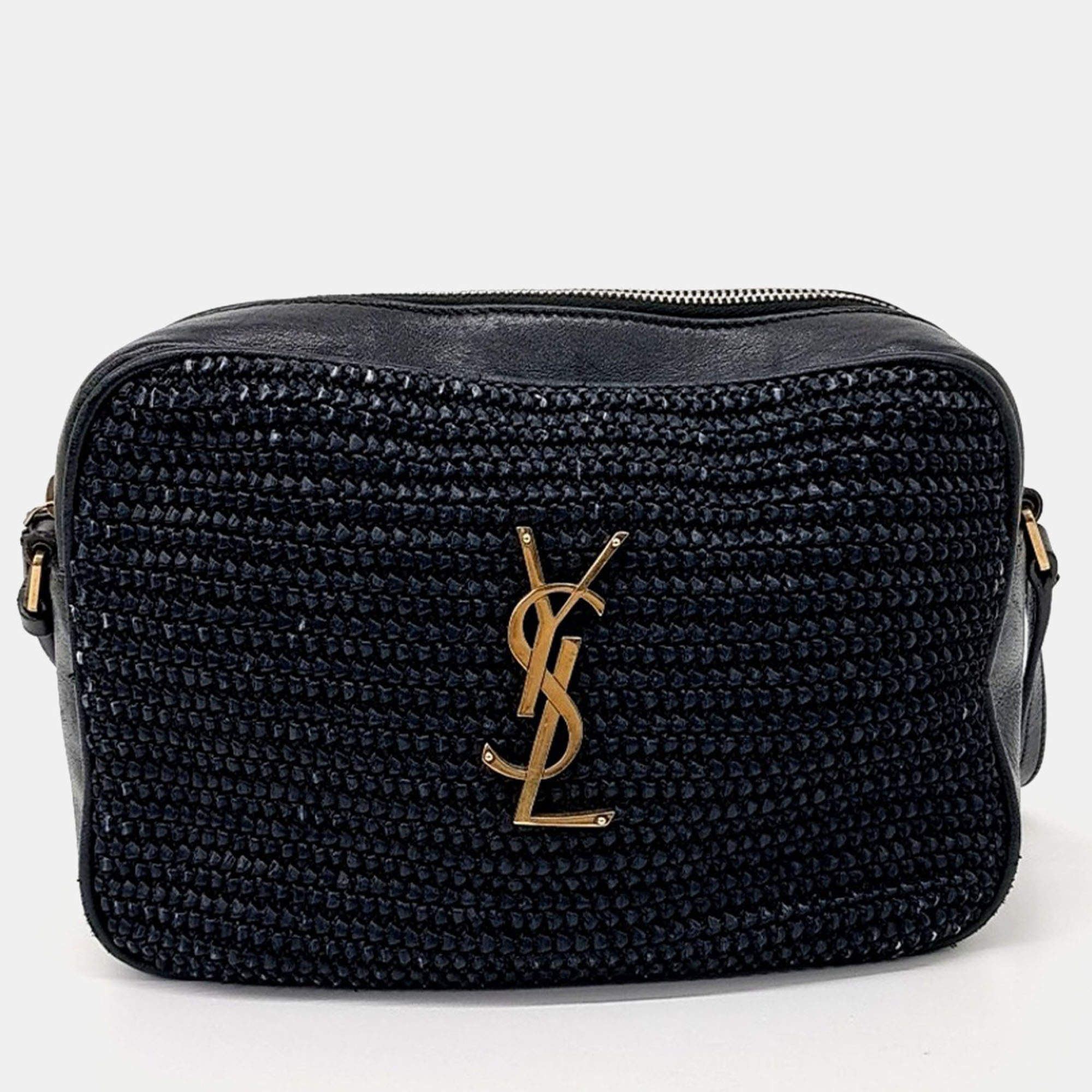 Pre Owned Saint Laurent Paris Black Leather and Raffia Lou Camera Bag