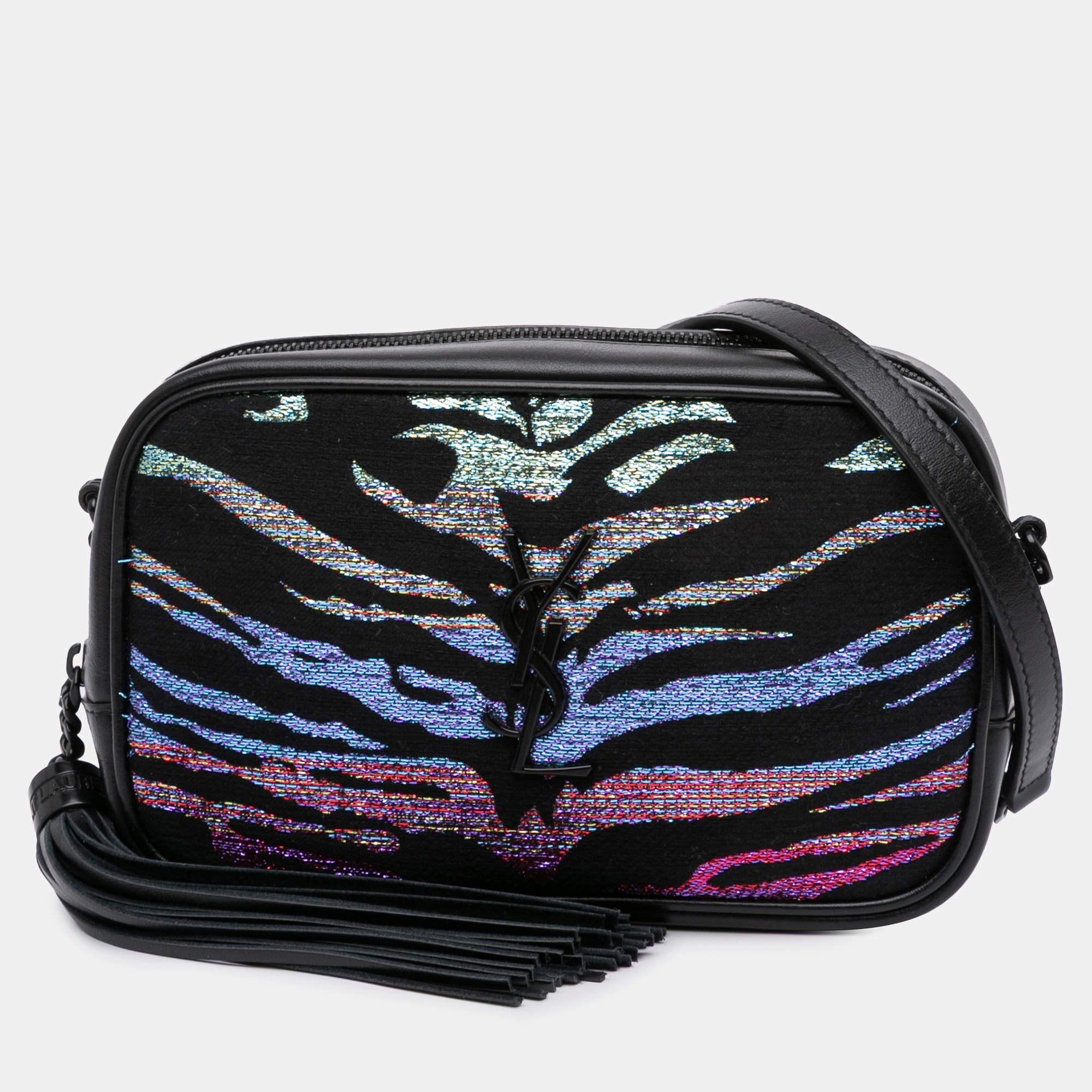 Pre Owned Saint Laurent Paris Black Canvas Metallic Tiger Print Monogram Lou Camera Bag