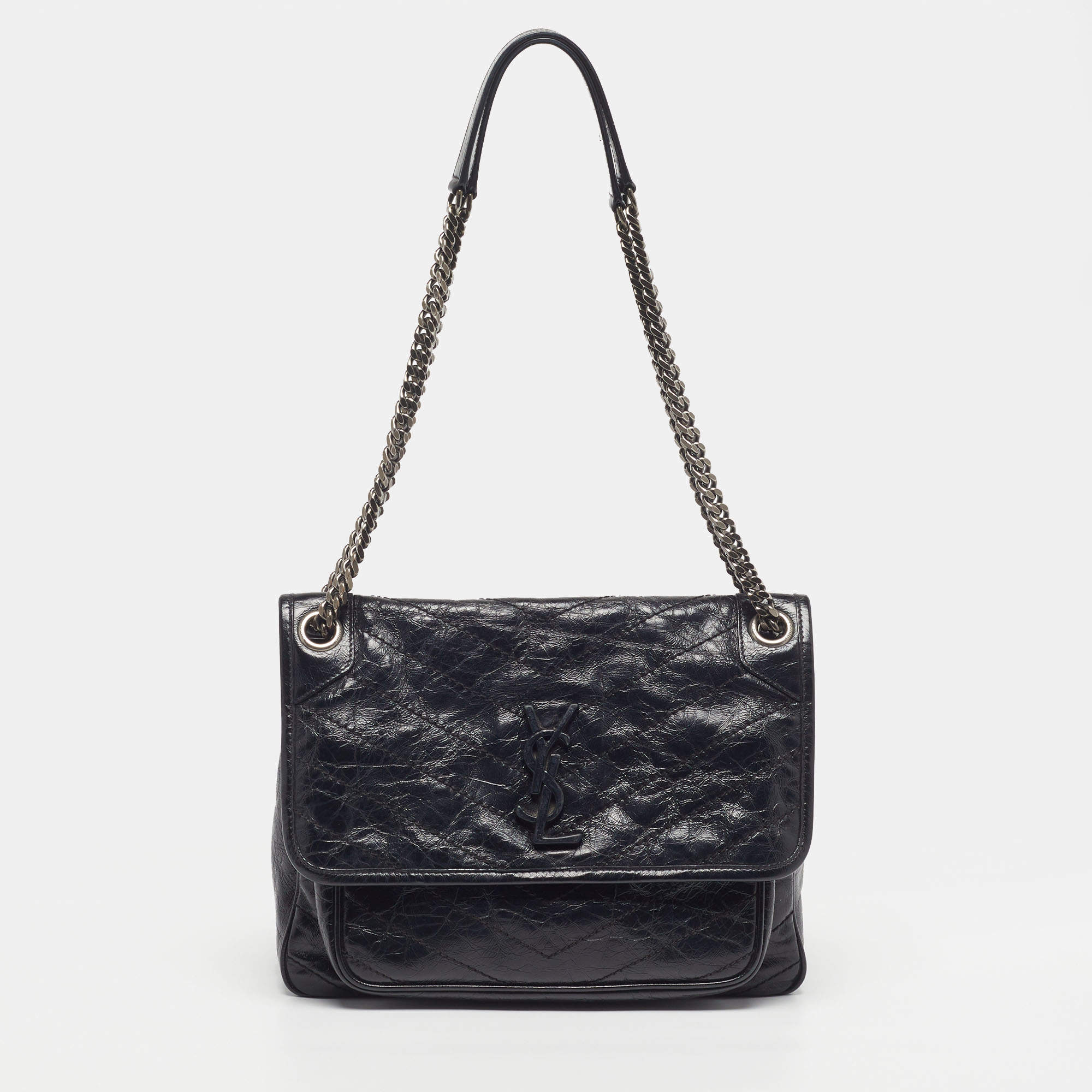 Pre Owned حقيبة كتف سان لوران نايكي وسط جلد ماتيلاليه مجعد أسود