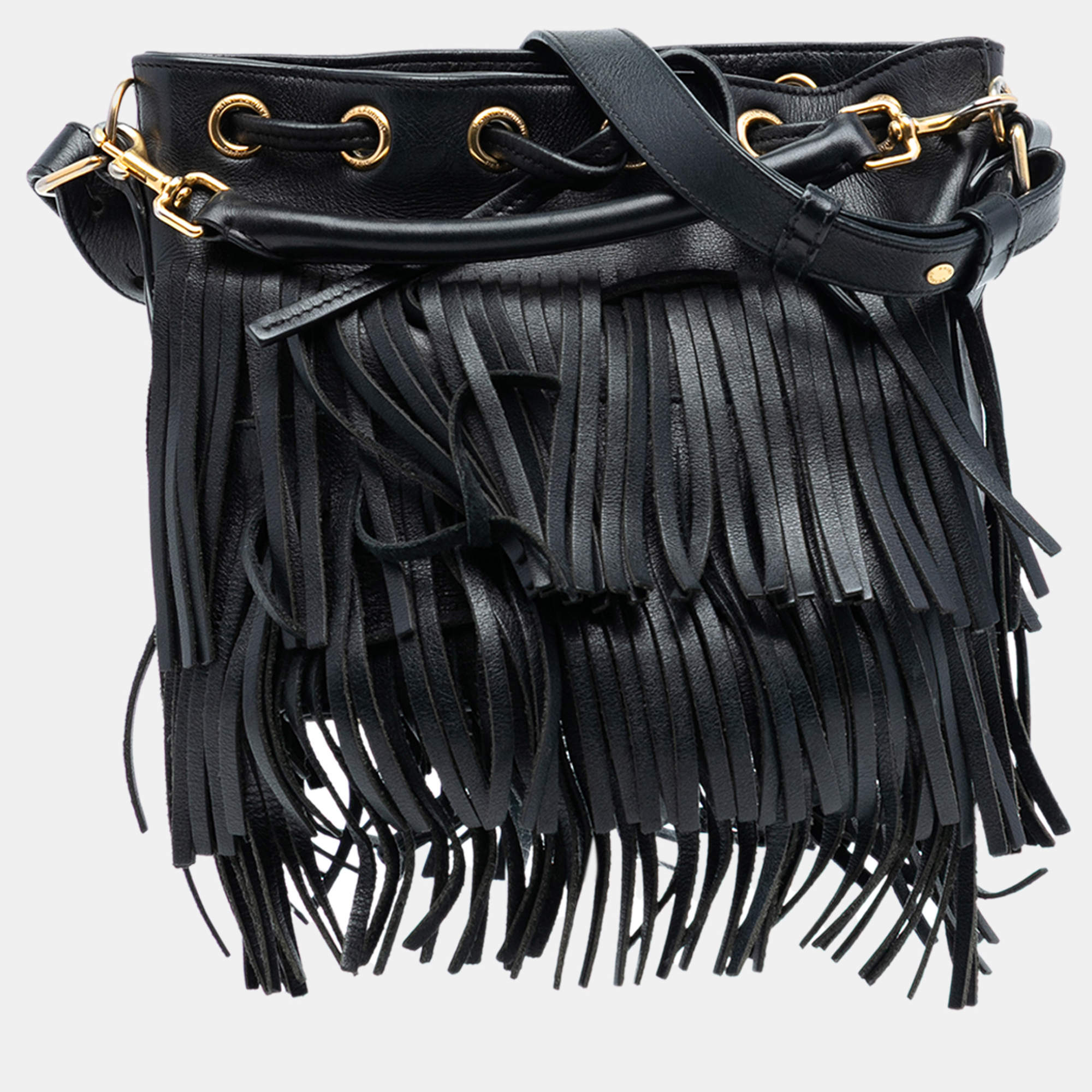 Pre Owned Saint Laurent Paris Black Small Calfskin Emmanuelle Fringe Bucket Bag